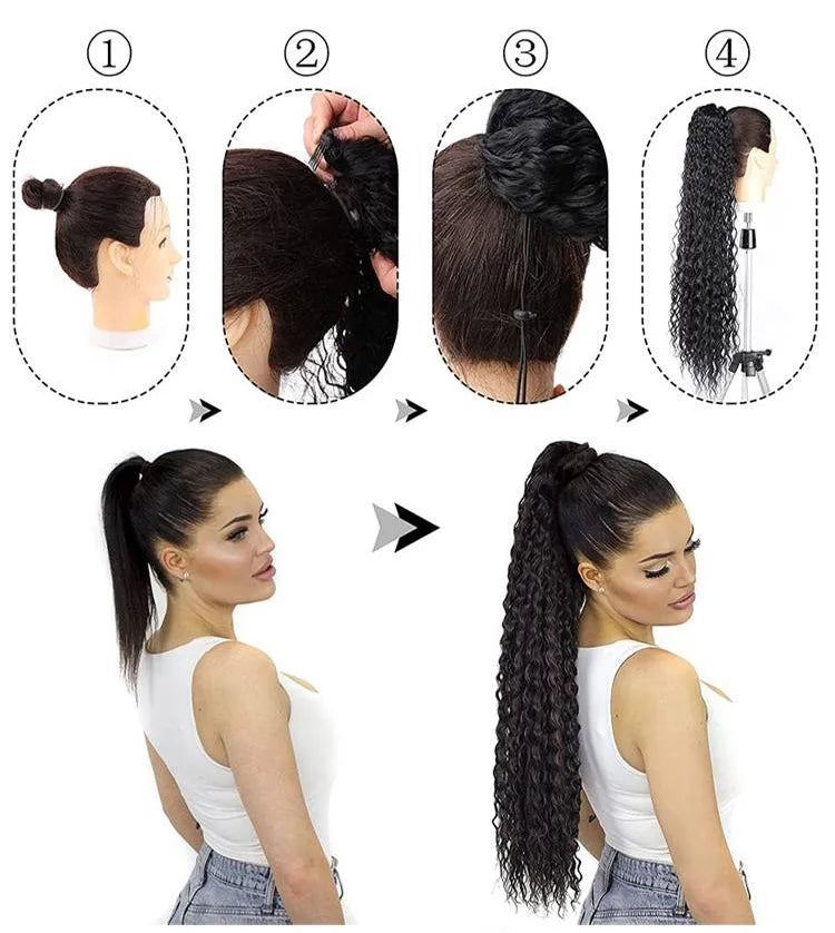Long Water Wave Curly Drawstring Ponytail Hair Extension for Daily Style - 5