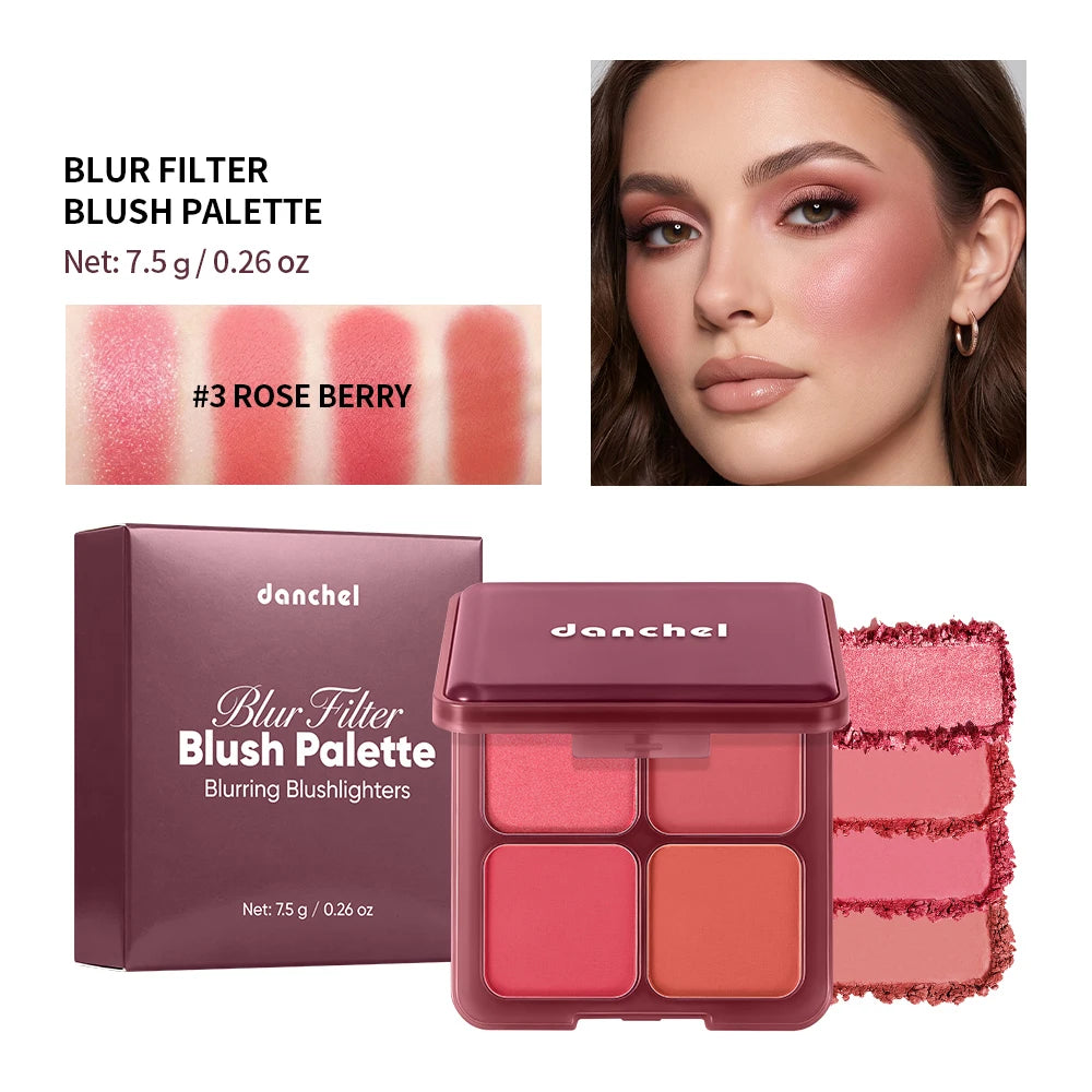 4-Shade Matte and Shimmer Blush Palette for Soft Focus Cheek Makeup
