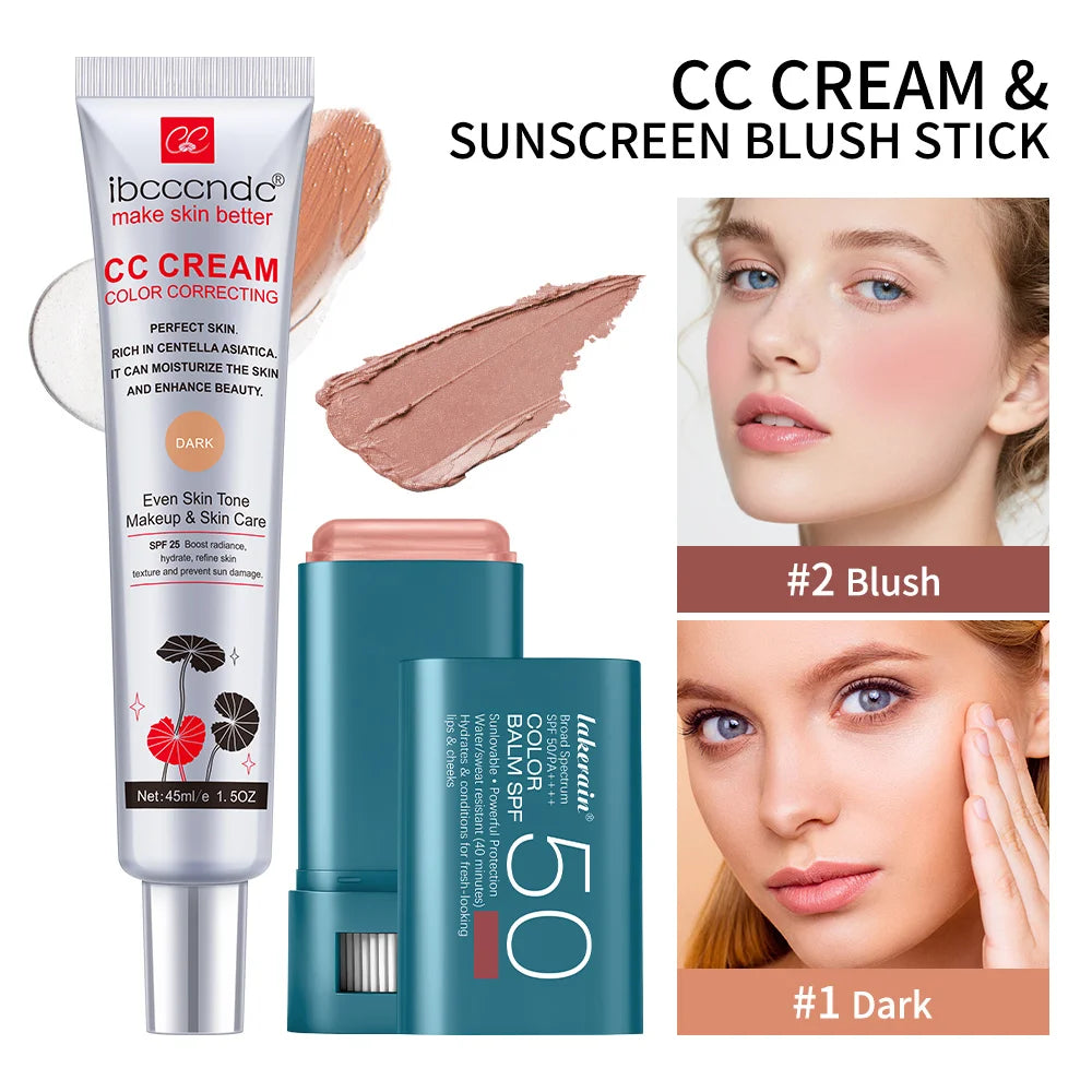 Color Correcting CC Cream and SPF 50 Sunscreen Blush Stick Makeup Set - 40