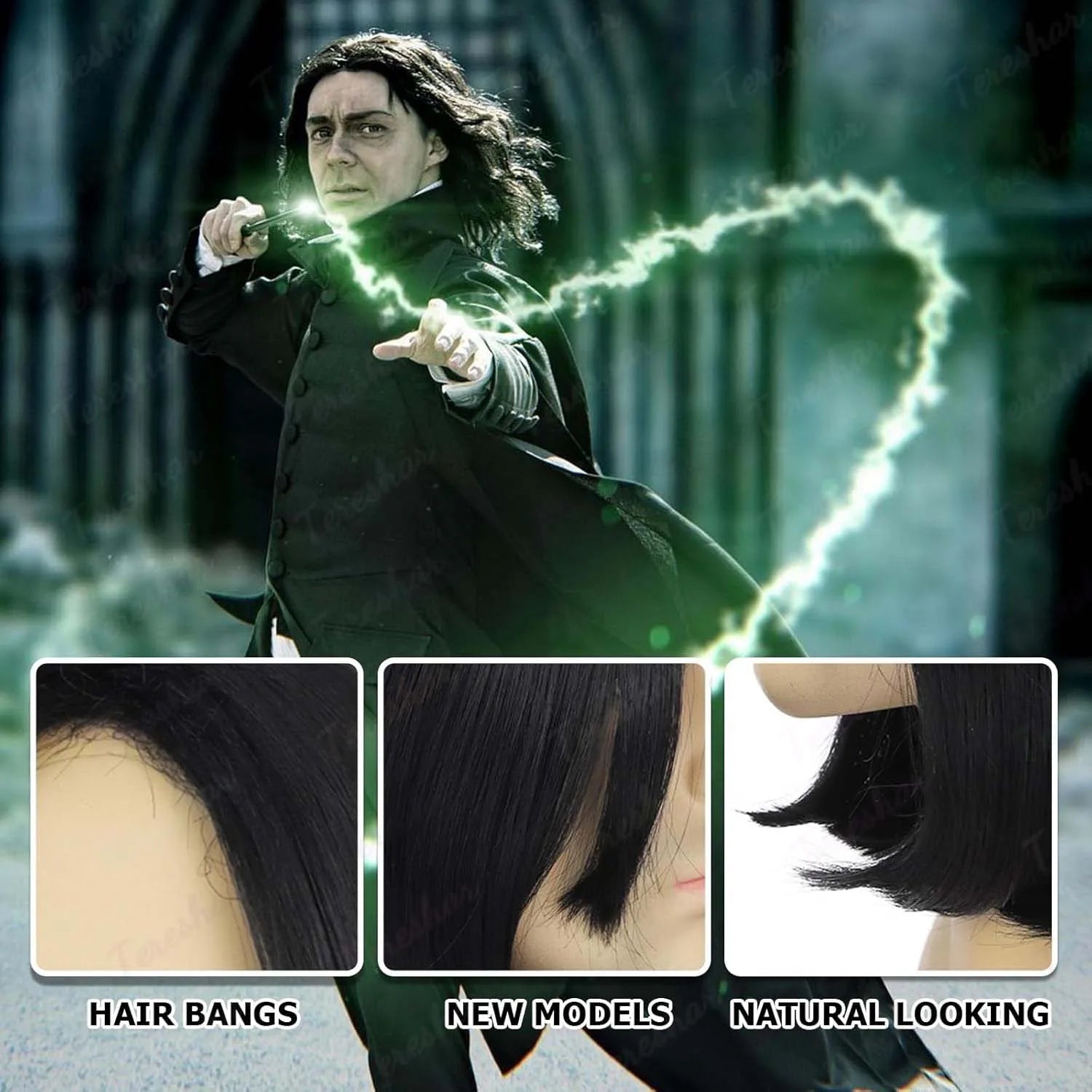 Long Black Synthetic Wizard Costume Wig for Halloween Cosplay Parties - 4