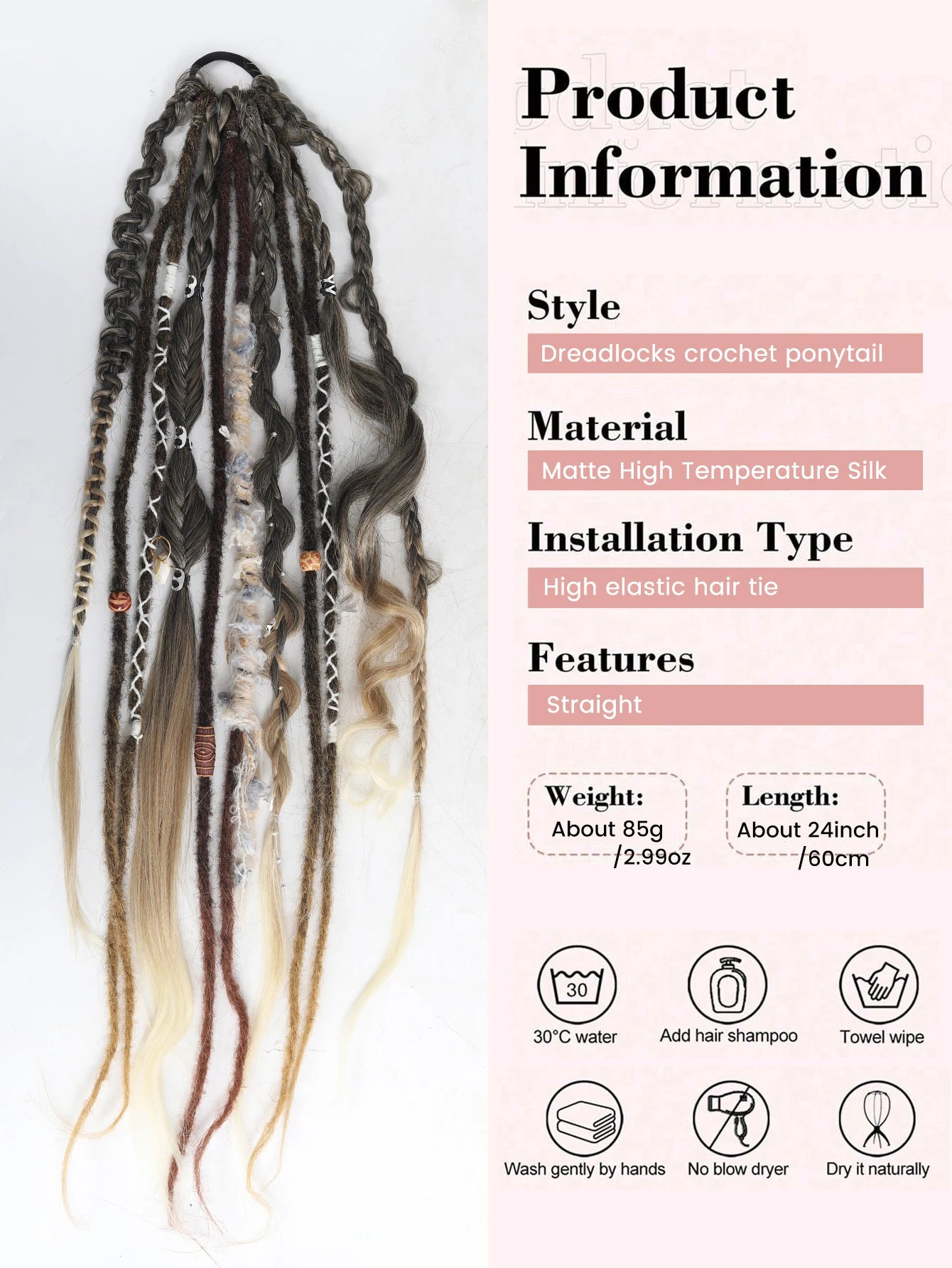 24" Boho Viking Dreadlock Ponytail Extension - 9