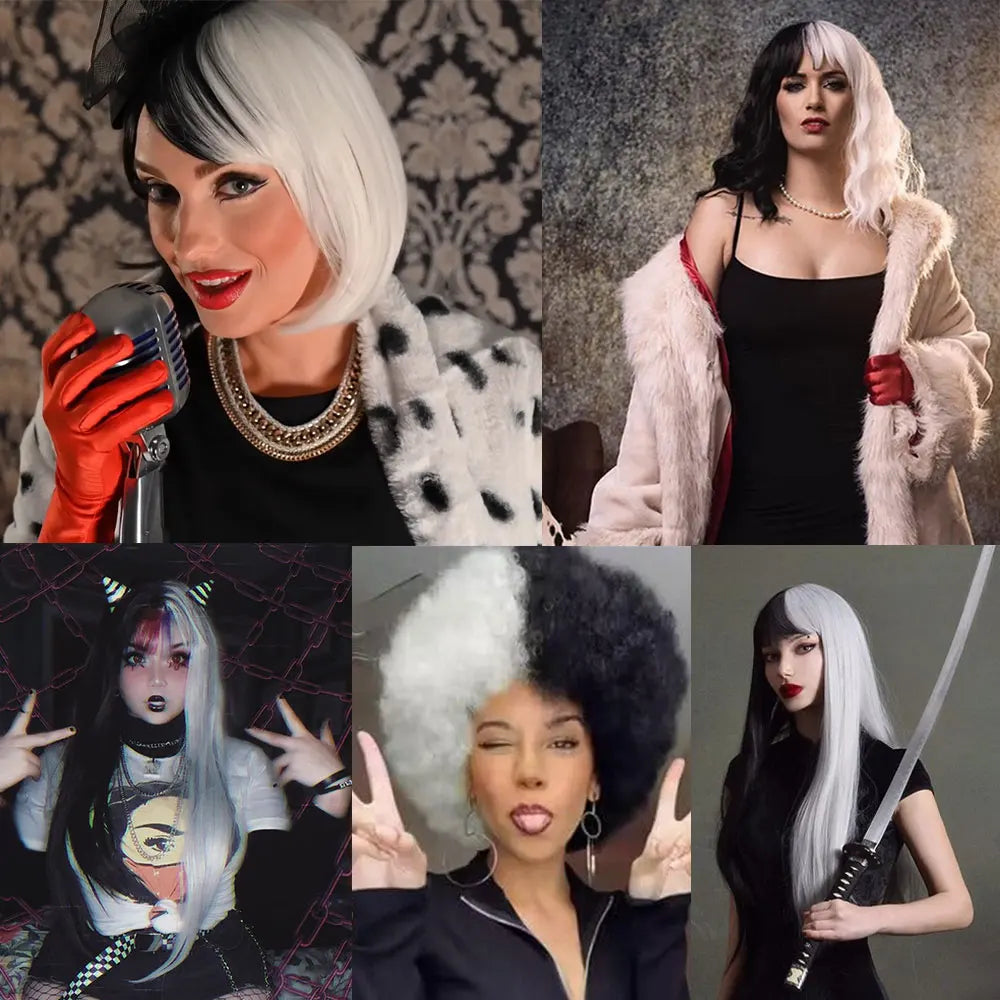 Black and White Two-Tone Synthetic Wig for Cosplay and Party - 11