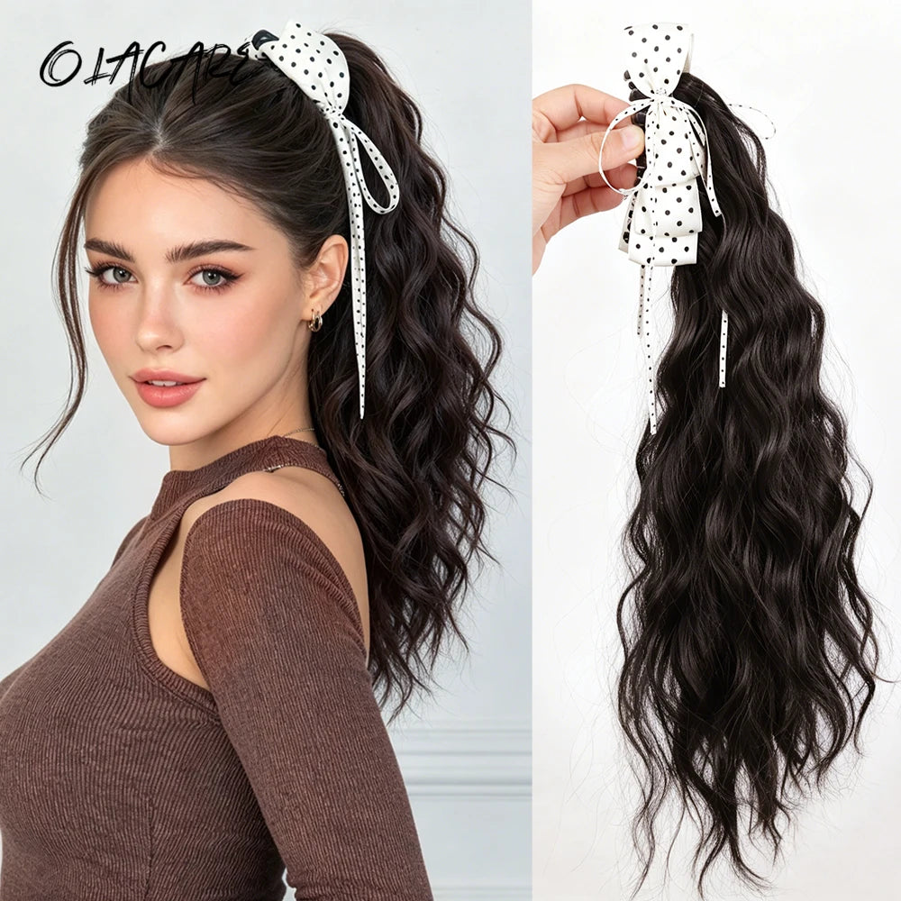 20-Inch Wavy Claw Clip Ponytail with Bow - 1