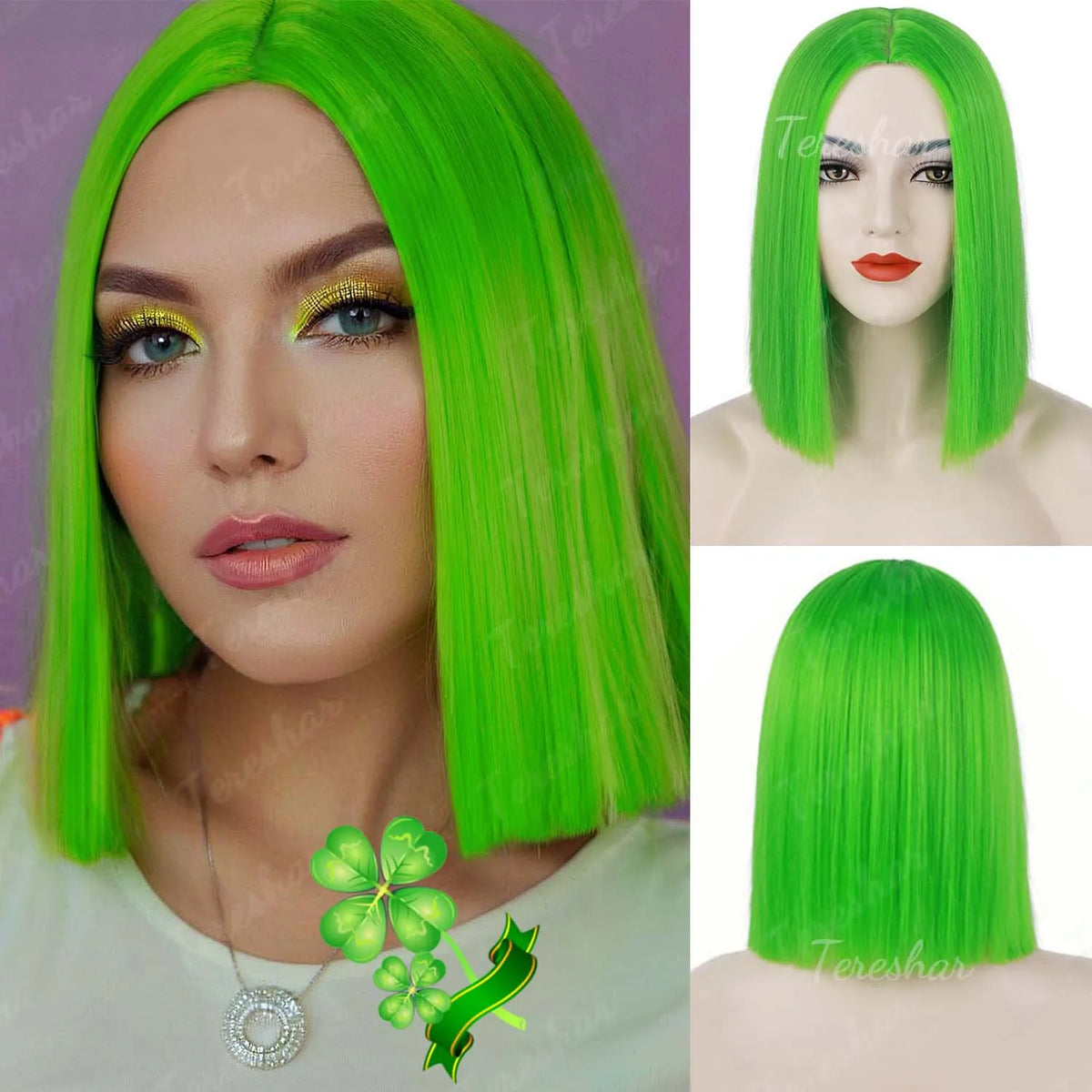 Vibrant Green Synthetic Hair Wig for Costume Parties and Holiday Events