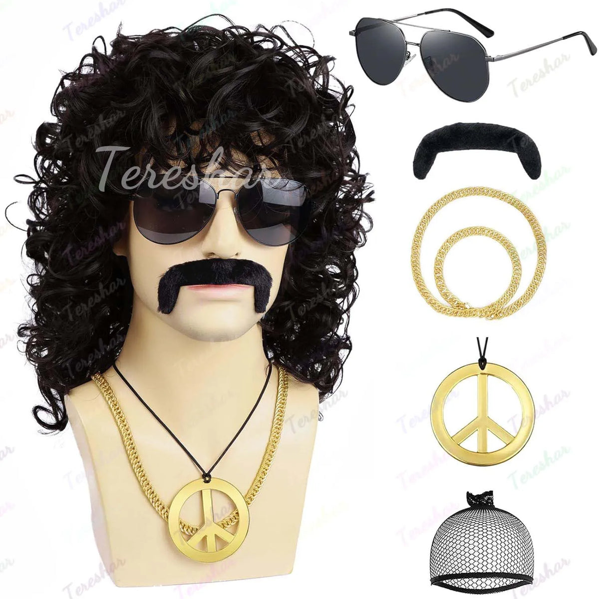 80s Rocker Curly Wig Set with Mustache Glasses and Gold Chain for Men