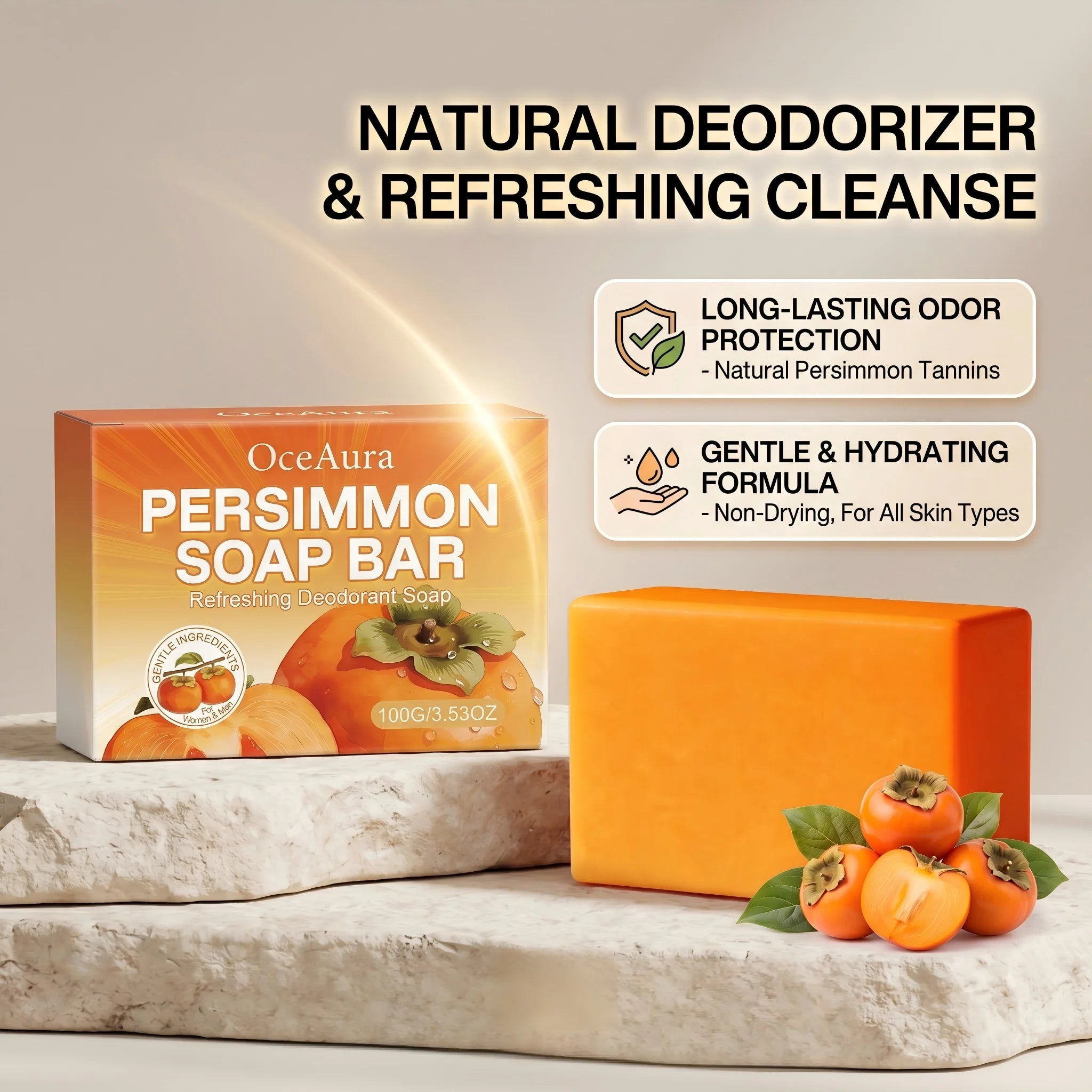 Natural Persimmon Deodorizing Soap Bar for Refreshing Body Odor Control - 2