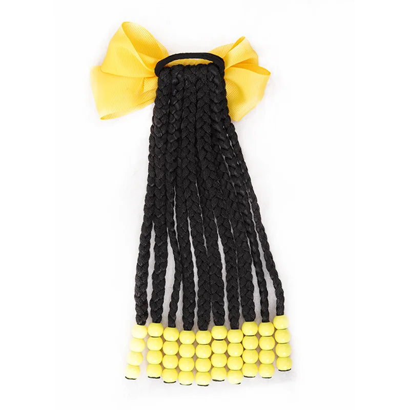 Yellow Bow Braided Ponytail Extension with Beads for Kids
