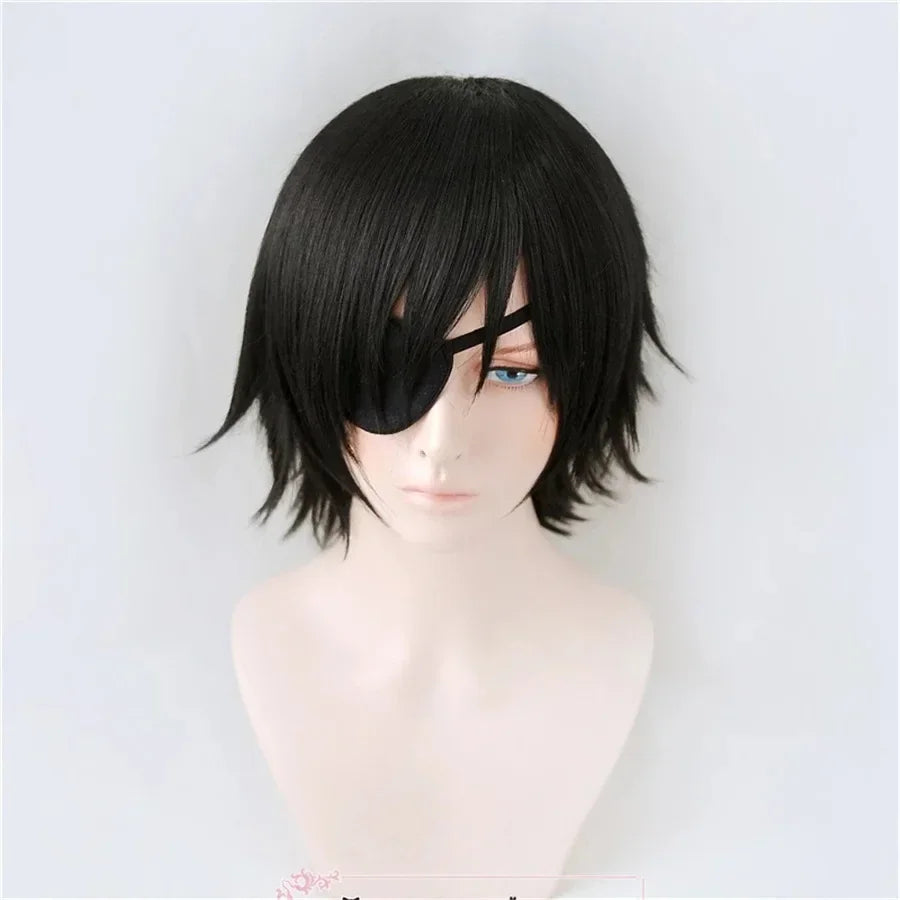 Short Black Anime Character Wig with Eye Patch for Cosplay - 5