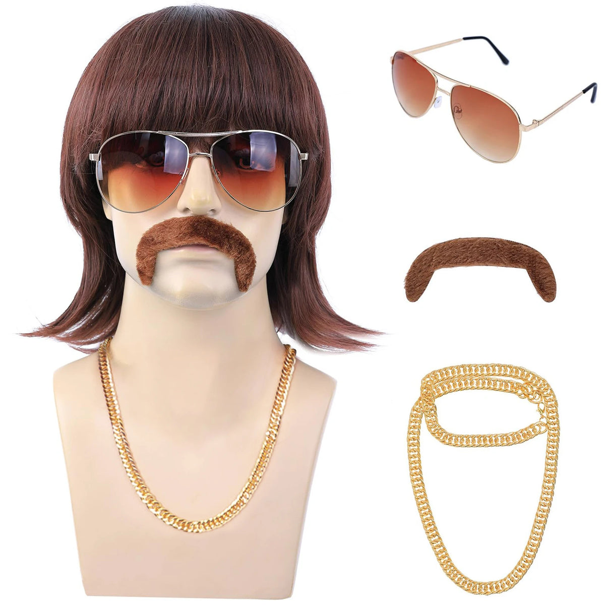 Short Brown Mullet Wig for 70s and 80s Disco Costume Cosplay Party