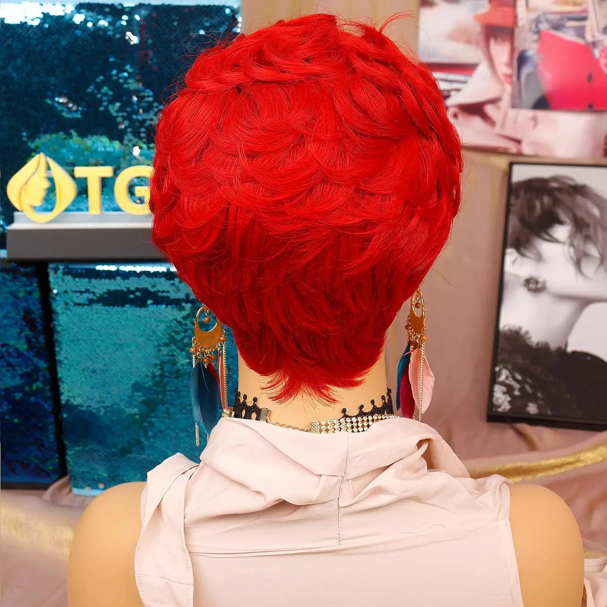 Short Fluffy Red Pixie Cut Curly Wig for Women