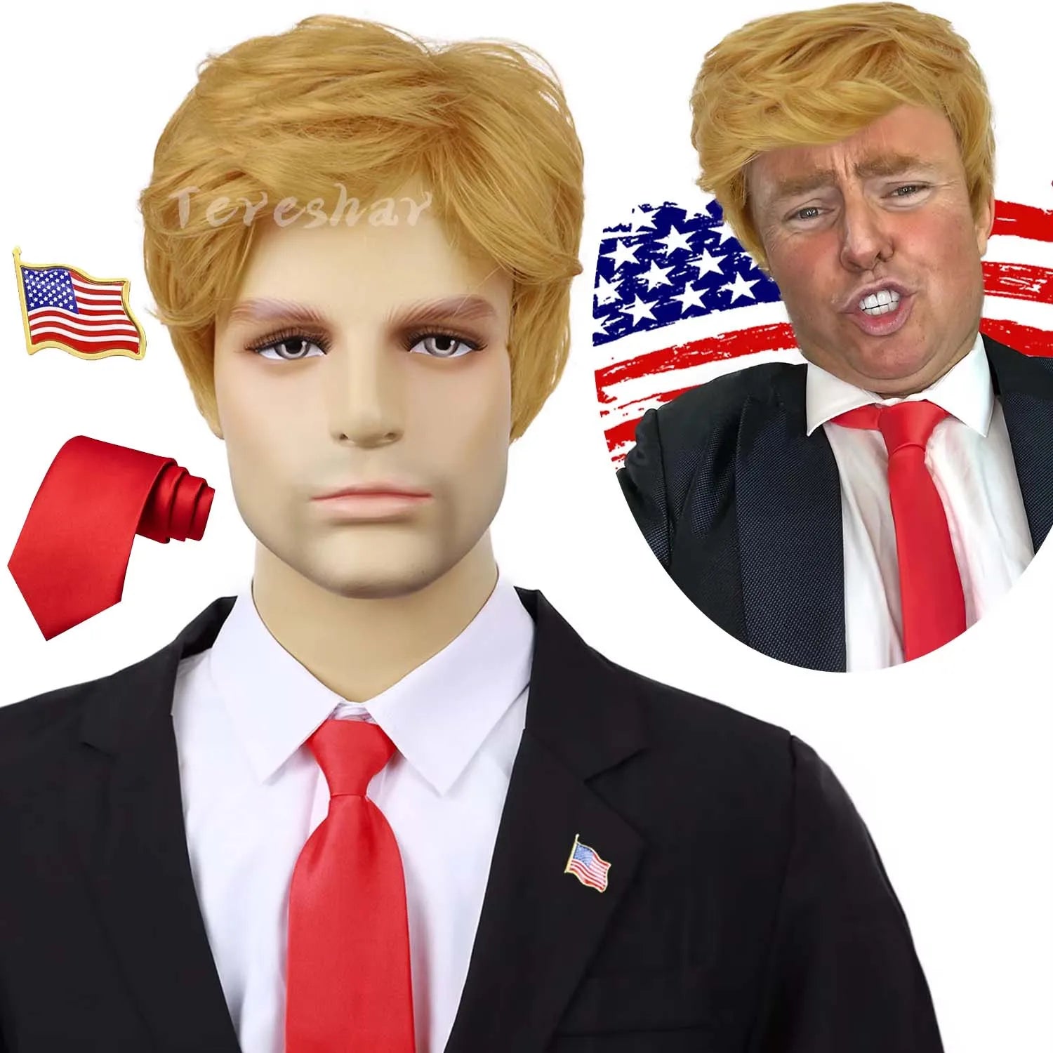 Blonde Pixie Cut Costume Wig with Red Tie and Flag Pin for Men Cosplay - 1