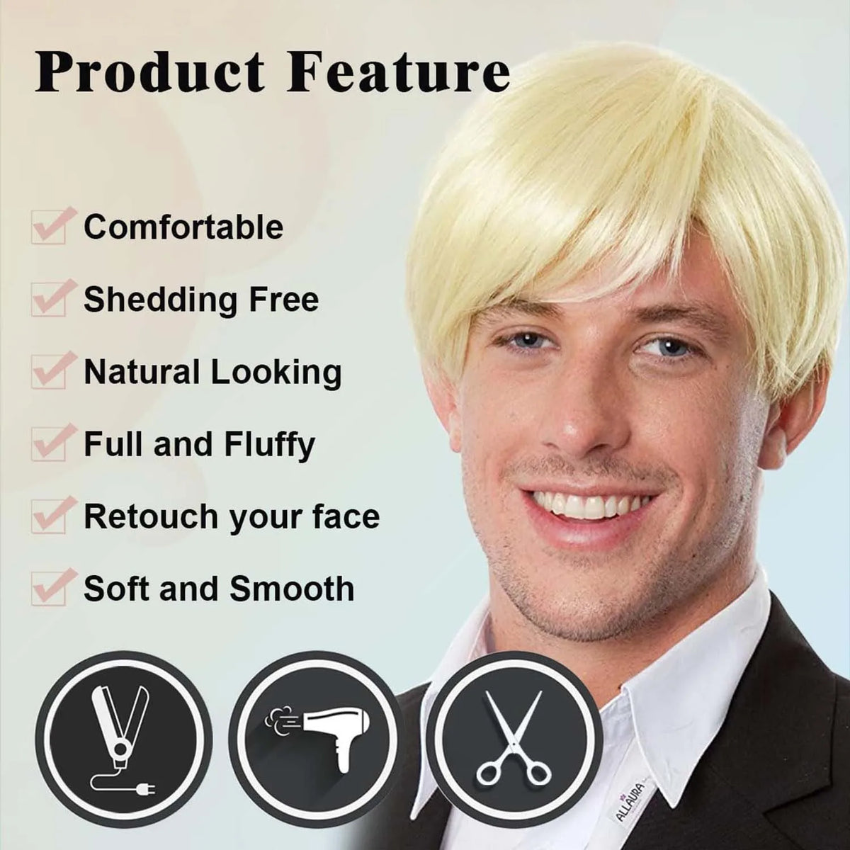 Short Straight Natural Look Synthetic Wig for Men Daily or Costume Wear