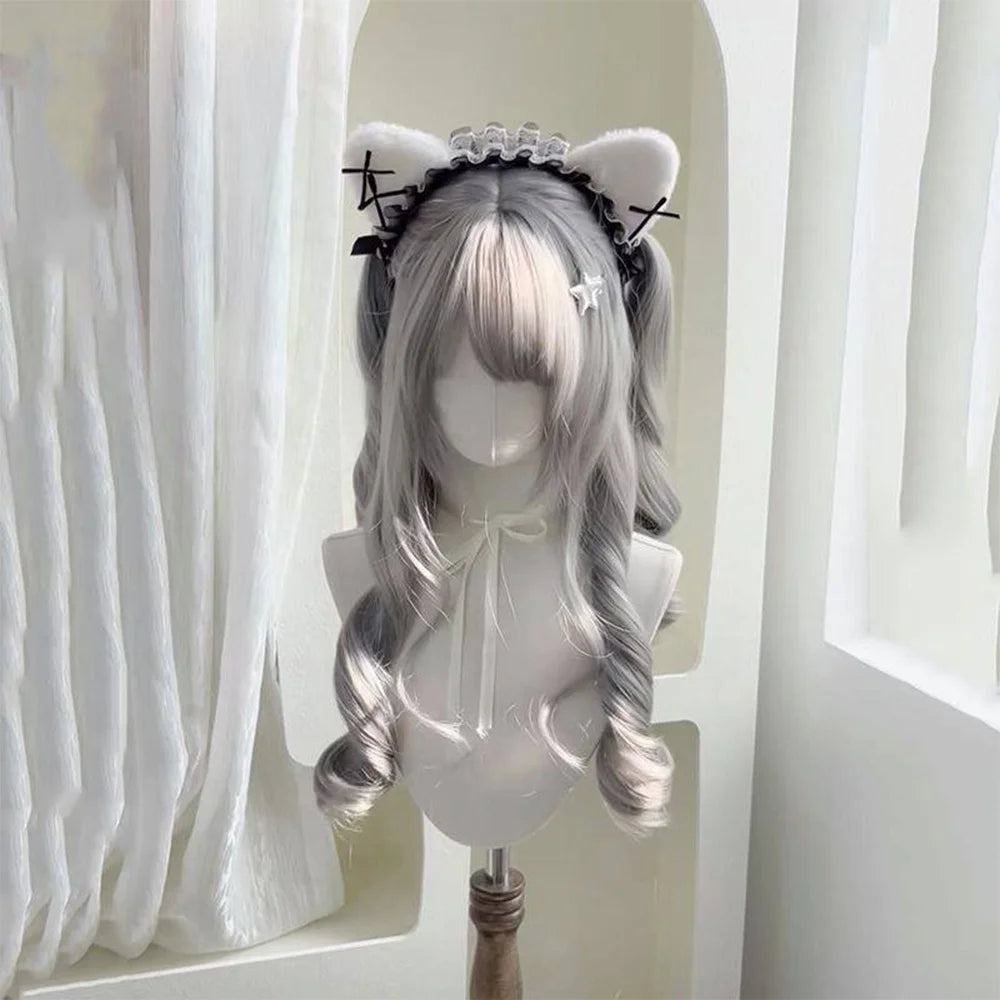 Long Wavy Silver Gray Cosplay Wig with Bangs for Women - 11