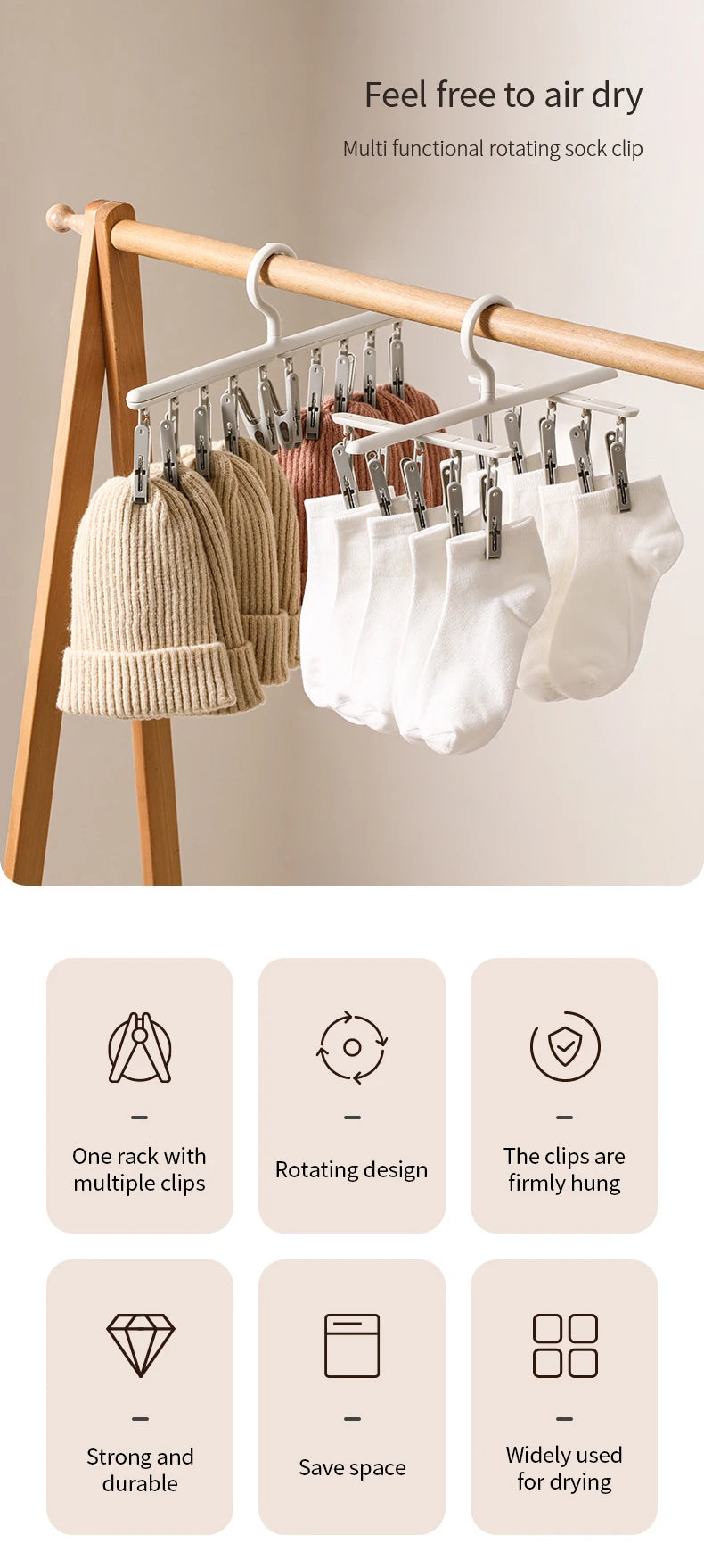 10-Clip Hanging Drying Rack for Socks and Undergarments