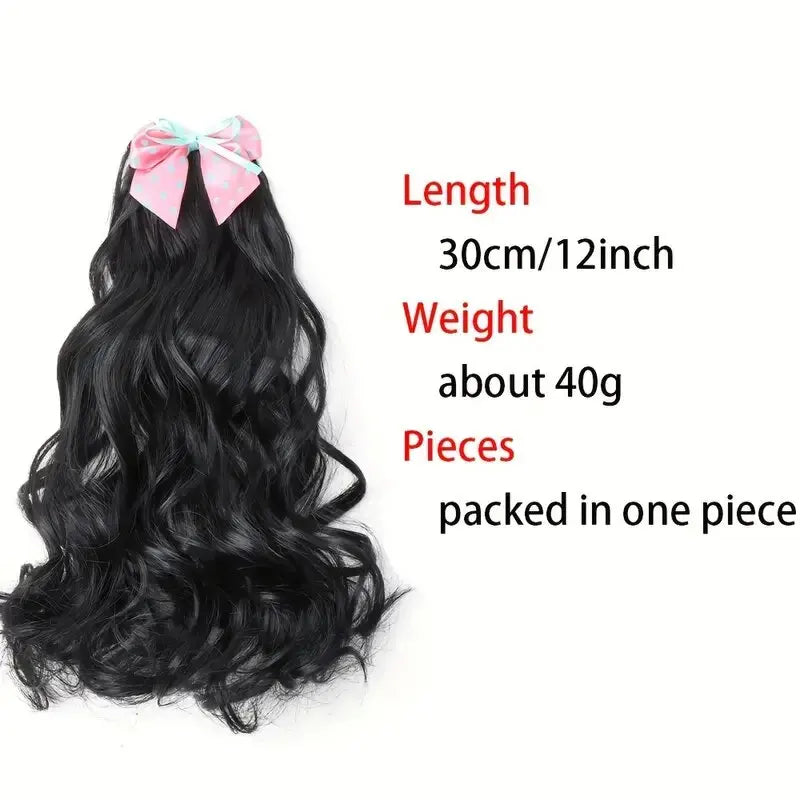 Wavy Curly Ponytail Hair Extension Clip with Bow for Girls