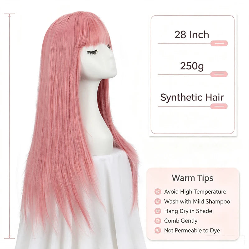 Long Straight Synthetic Wig with Full Bangs for Cosplay and Daily Wear - 8