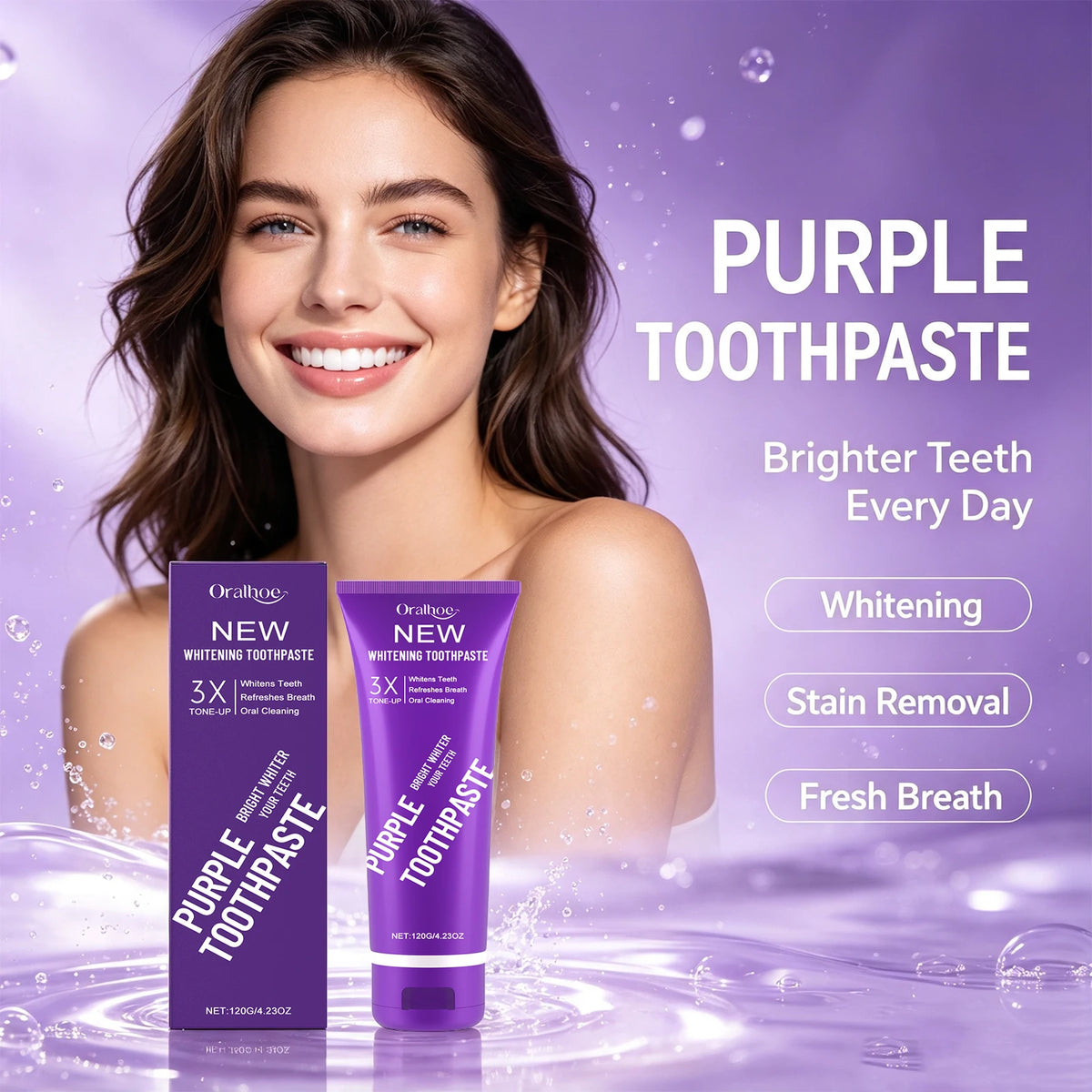 Purple Teeth Whitening Toothpaste for Stain Removal and Fresh Breath