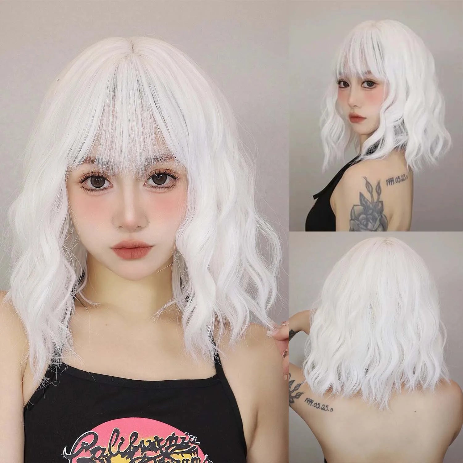 Short Wavy White Wig with Bangs for Cosplay and Daily Wear - 1