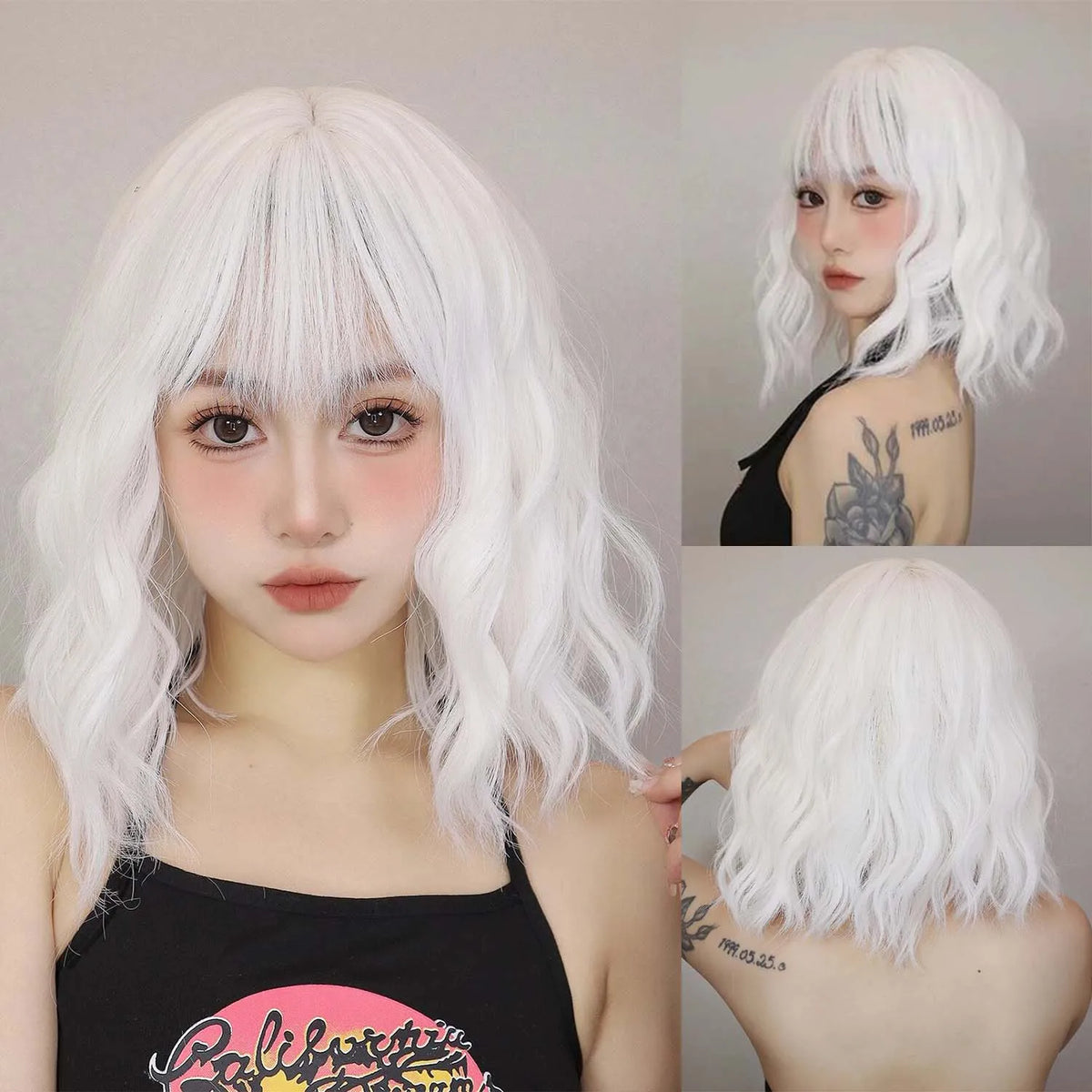 Short Wavy White Wig with Bangs for Cosplay and Daily Wear