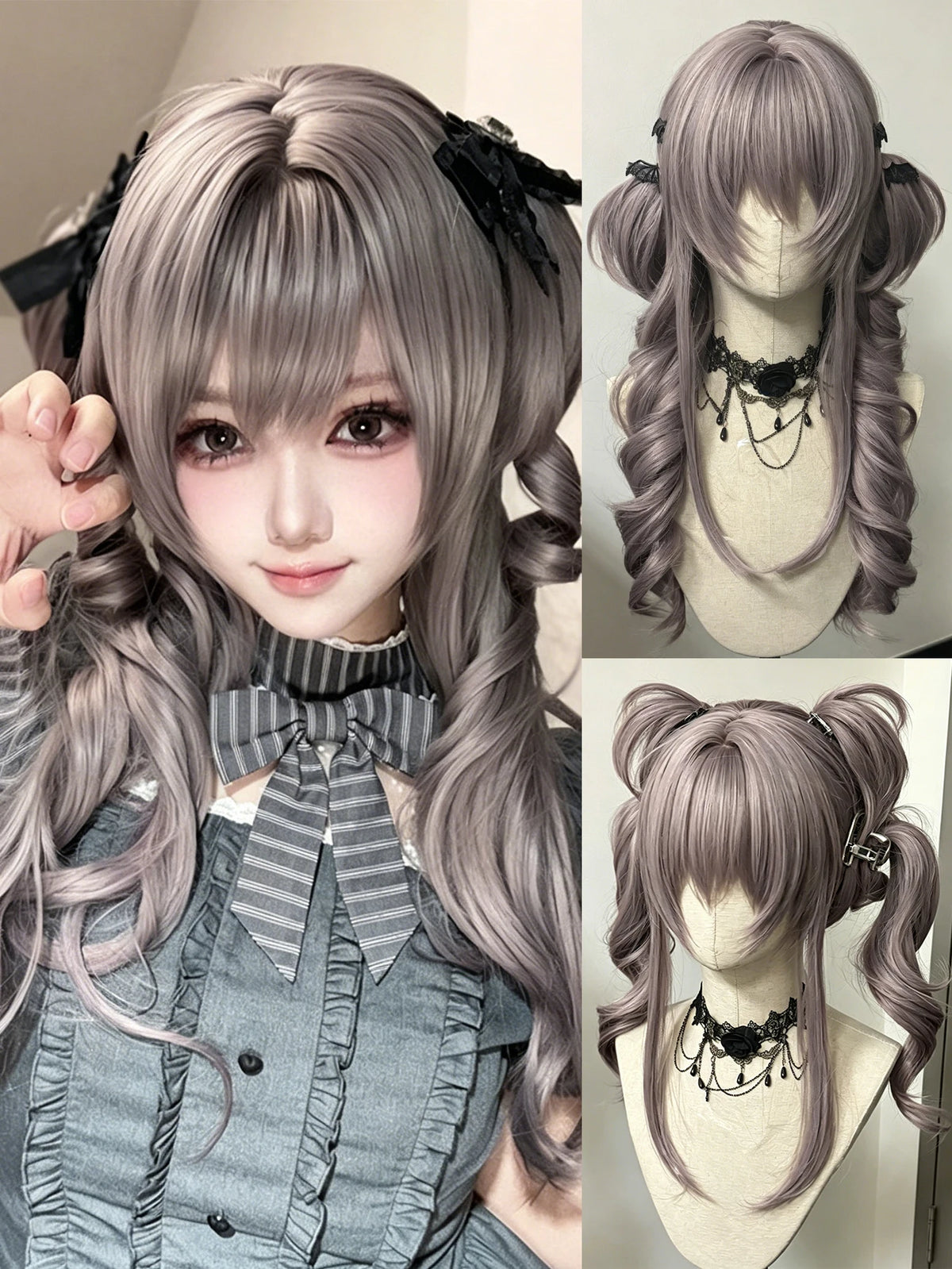 Long Curly Wavy Lolita Cosplay Wig with Ponytails for Halloween Events