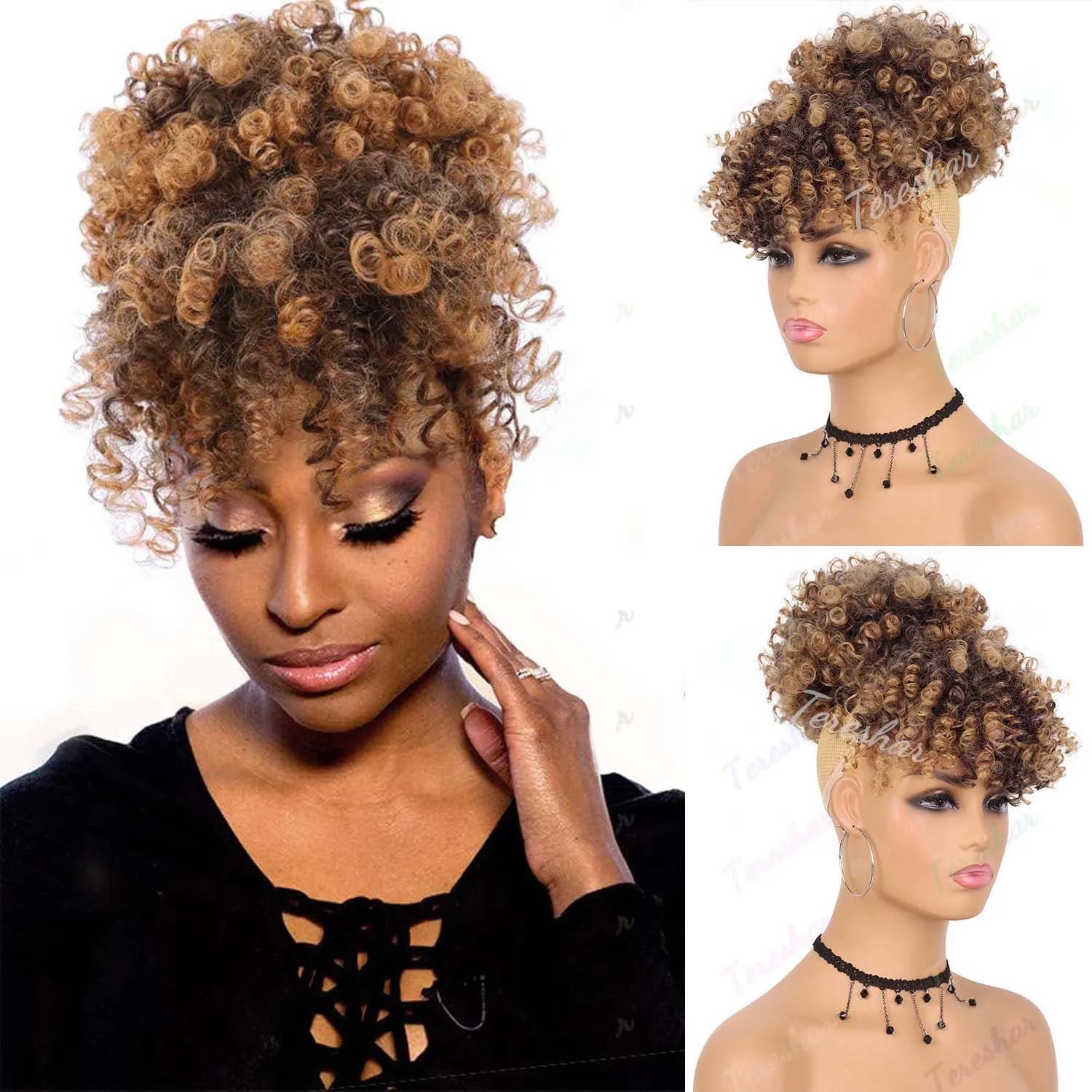 Kinky Curly Afro Puff Ponytail Extension with Bangs for Women - 9