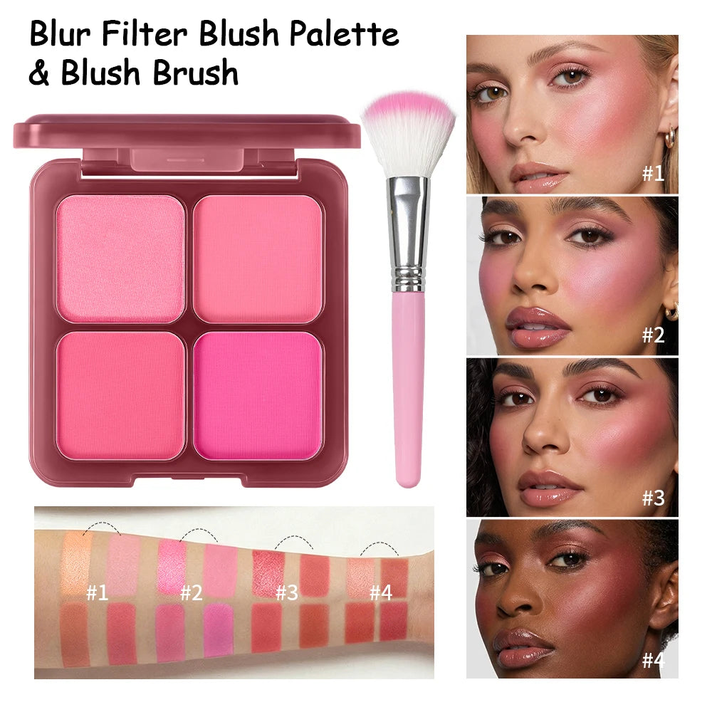 4-Color Matte Blush Palette with Professional Makeup Brush