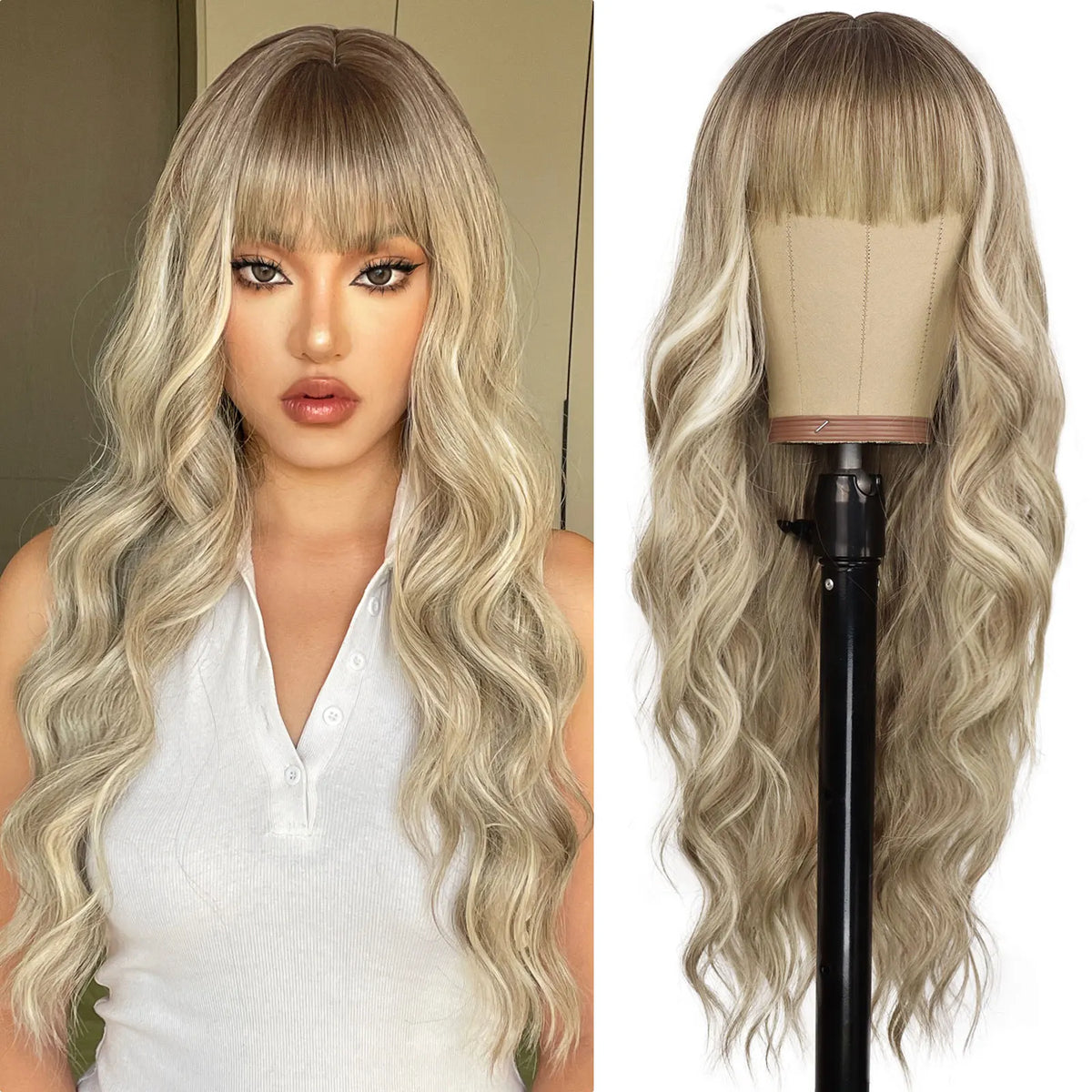 Long Wavy Synthetic Wig with Bangs for Daily Use and Parties