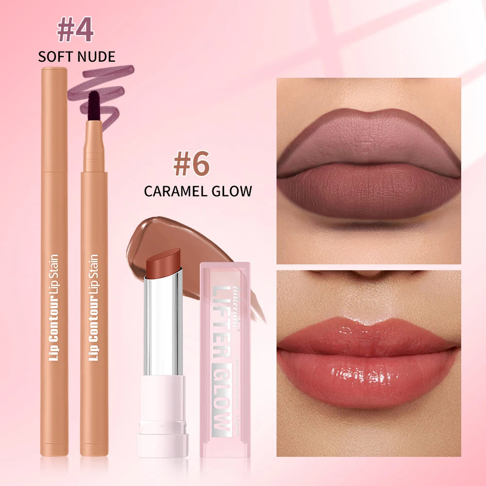 Long-Lasting Lip Contour Stain and Hydrating Glow Balm Makeup Kit - 10