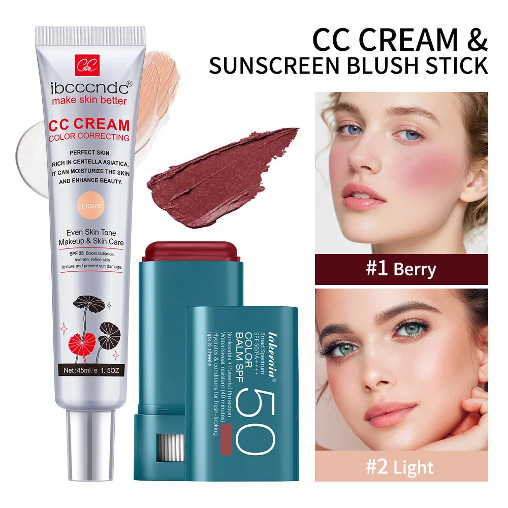 Color Correcting CC Cream and SPF 50 Sunscreen Blush Stick Makeup Set - 1