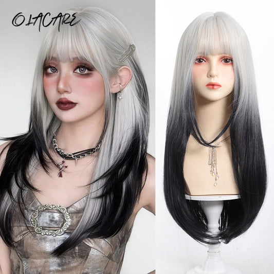 Long Ombre Straight Wig with Bangs for Cosplay and Daily Wear