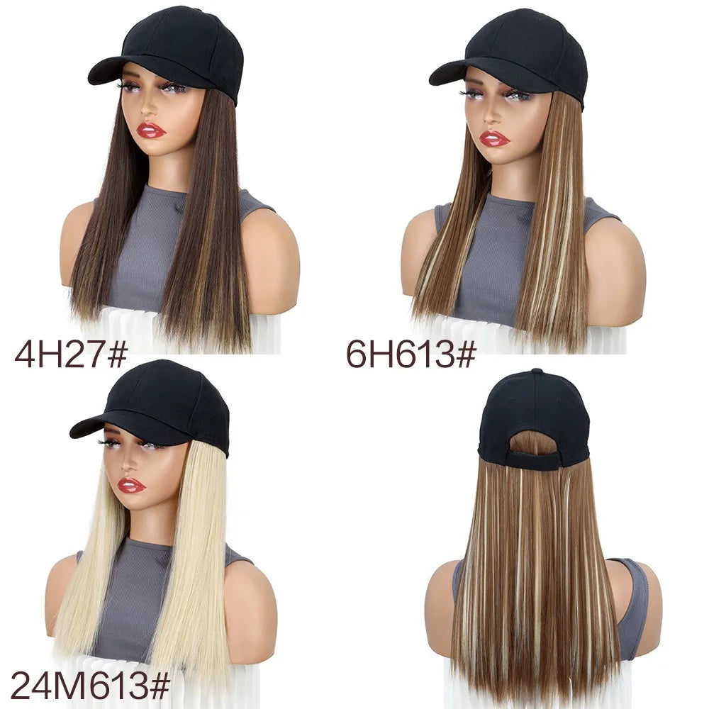 Adjustable Baseball Cap with Attached Long Straight Hair Wig
