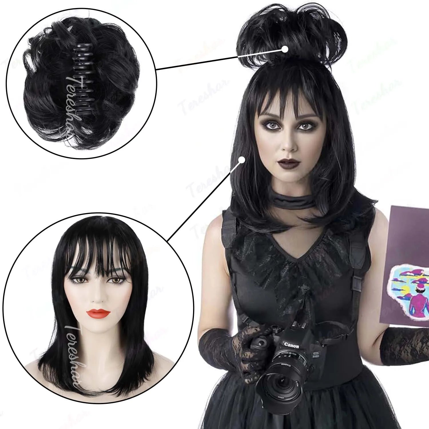 Black Costume Wig with Detachable Bun for Halloween and Cosplay Parties - 4