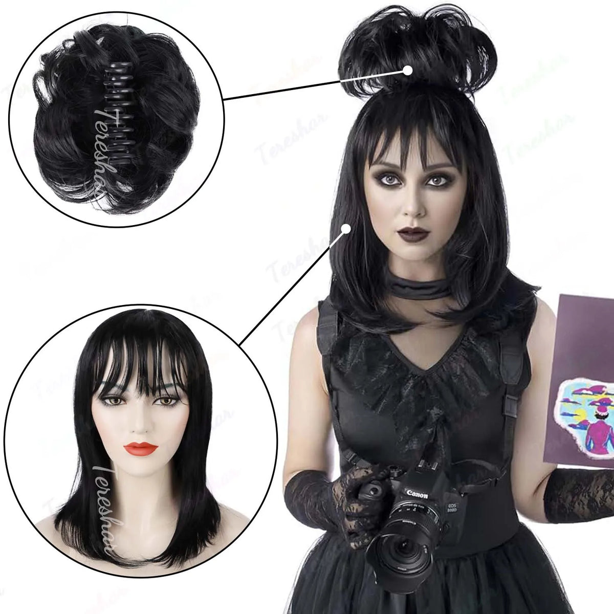 Black Costume Wig with Detachable Bun for Halloween and Cosplay Parties