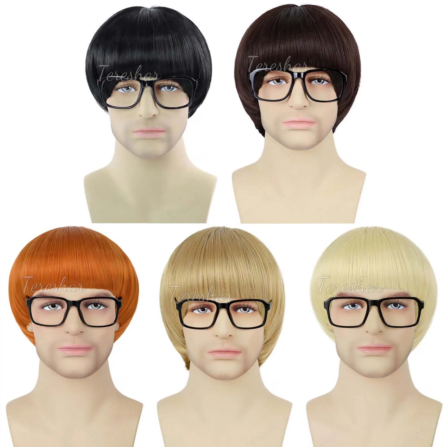 Short Retro Bowl Cut Cosplay Wig with Glasses for Costume Parties - 2