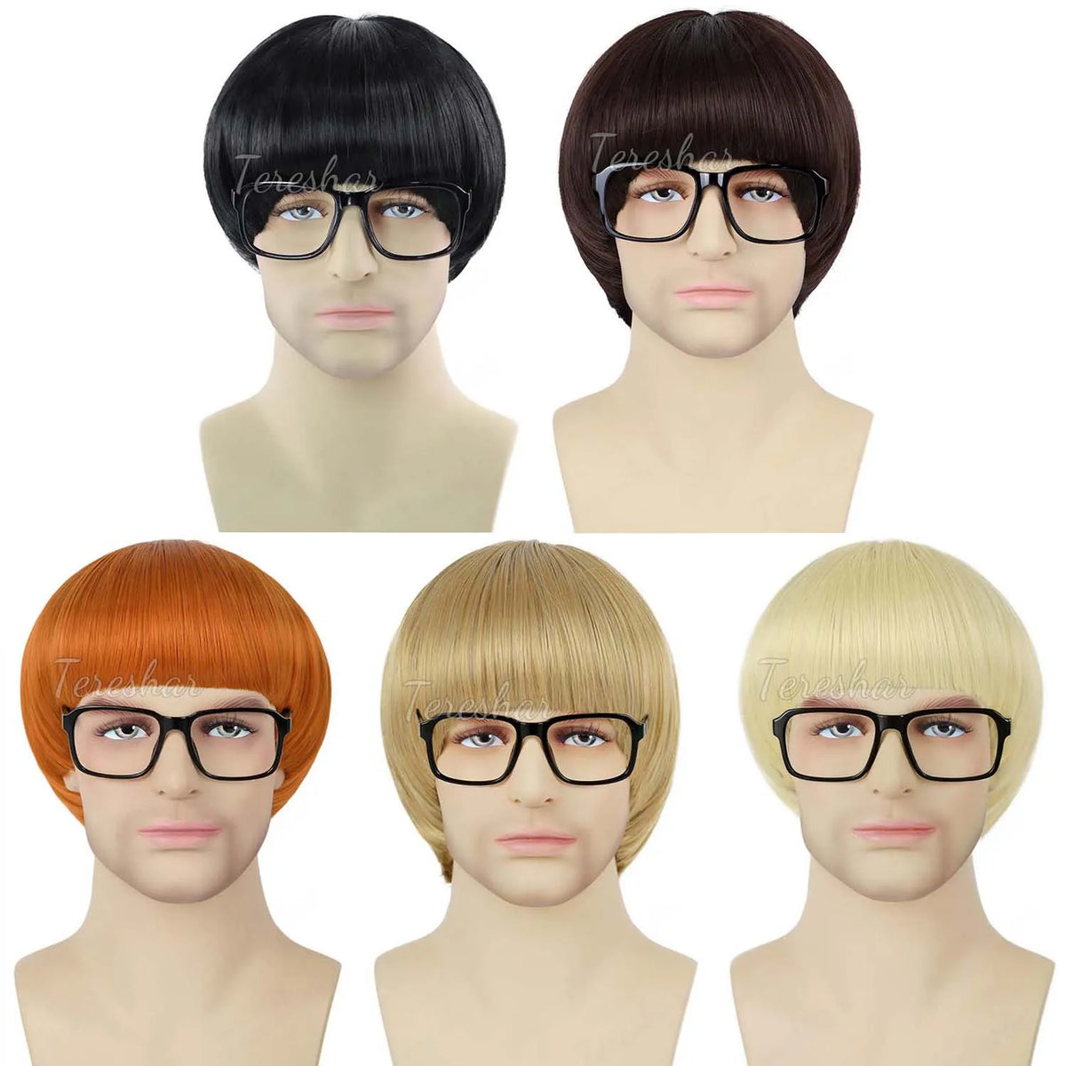 Short Retro Bowl Cut Cosplay Wig with Glasses for Costume Parties