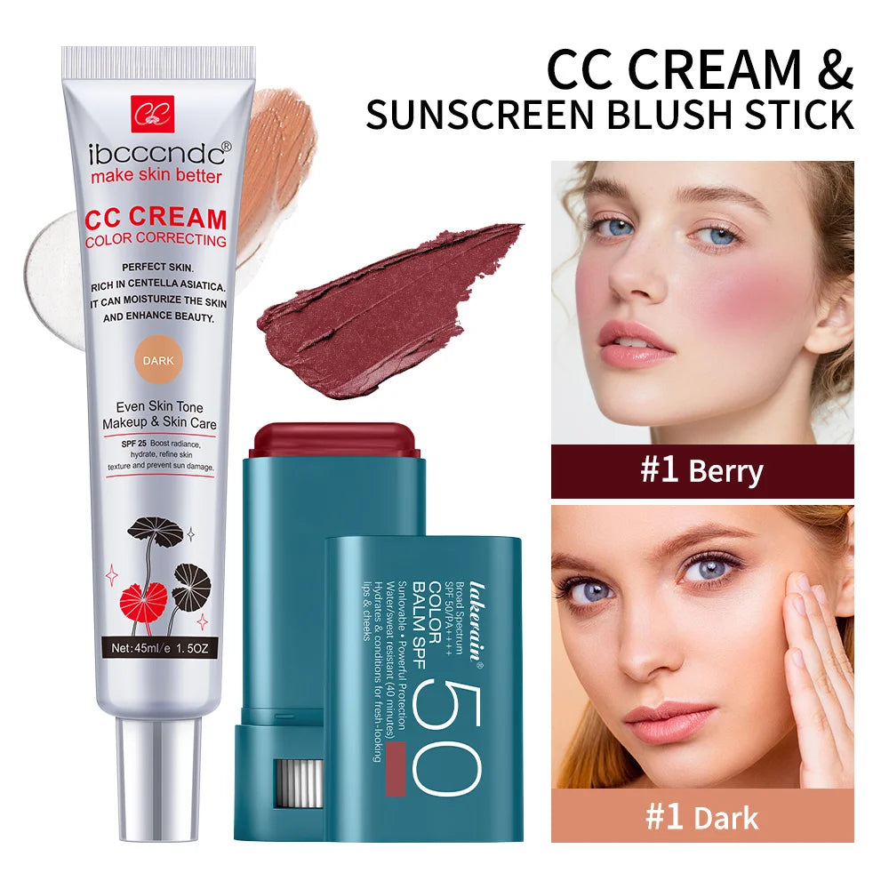 Color Correcting CC Cream and SPF 50 Sunscreen Blush Stick Makeup Set