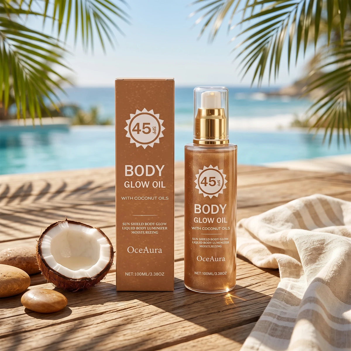 SPF 45 Shimmering Body Glow Oil for Sun Protection and Moisturized Skin