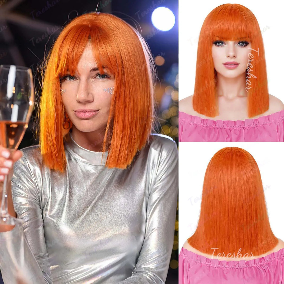 Heat Resistant Synthetic Straight Bob Wig with Bangs for Women