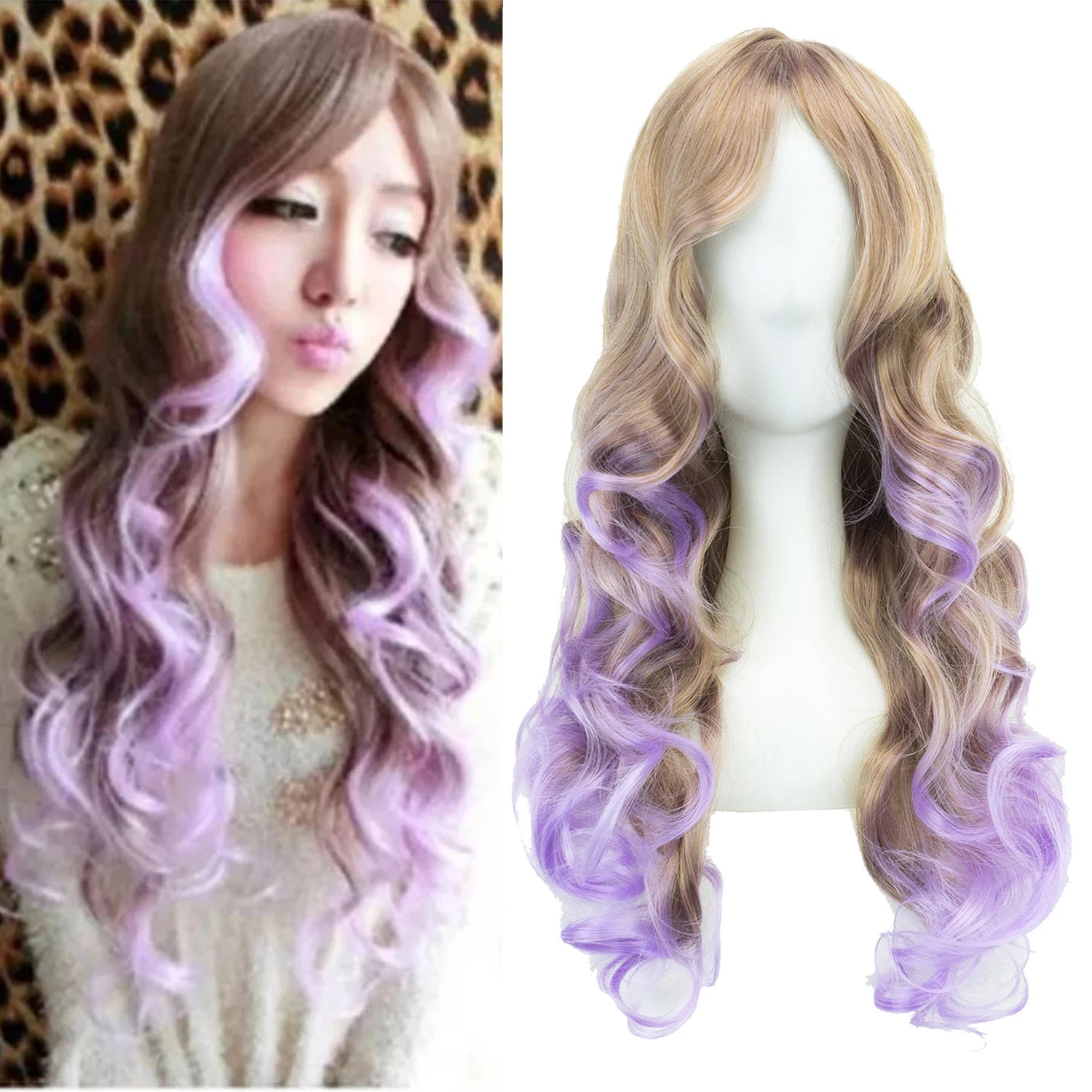 Long Ombre Rainbow Curly Cosplay Wig with Bangs for Women - 21