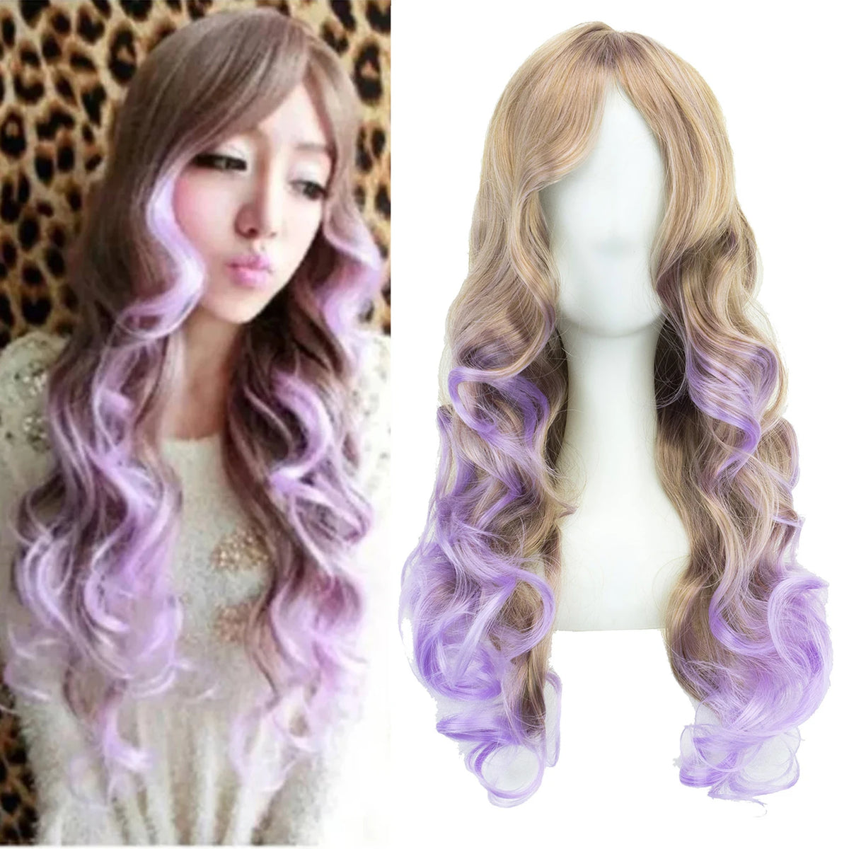 Long Ombre Rainbow Curly Cosplay Wig with Bangs for Women