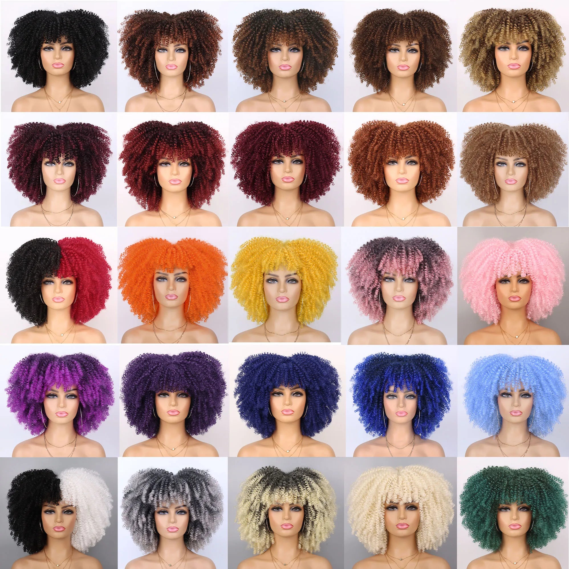 Short Kinky Curly Afro Wig with Bangs for Women - 1