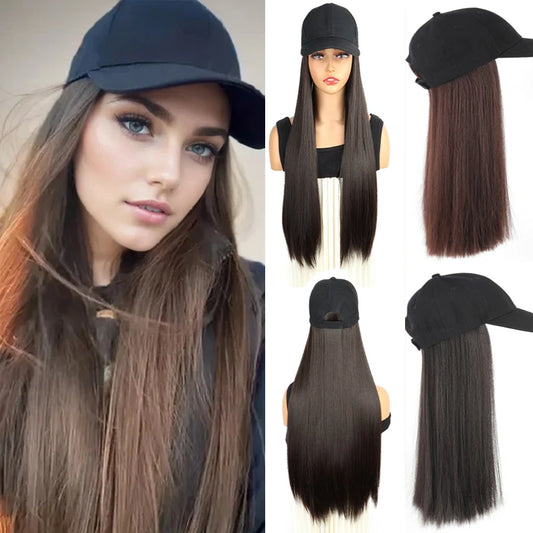 Baseball Cap with Attached Long Hair Extension for Women