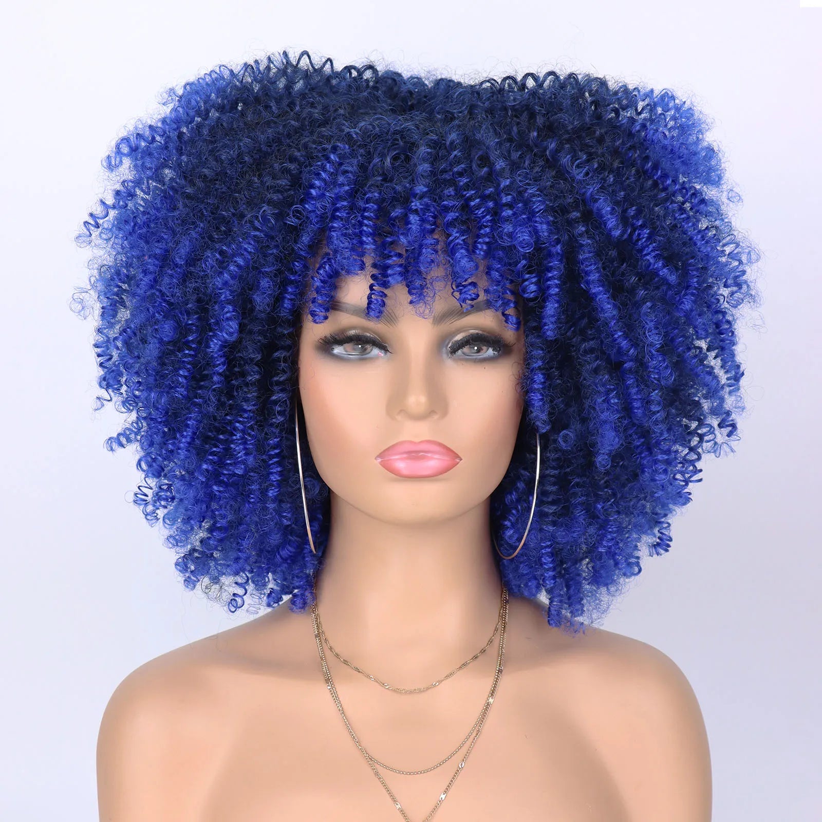 Short Kinky Curly Afro Wig with Bangs for Women - 7