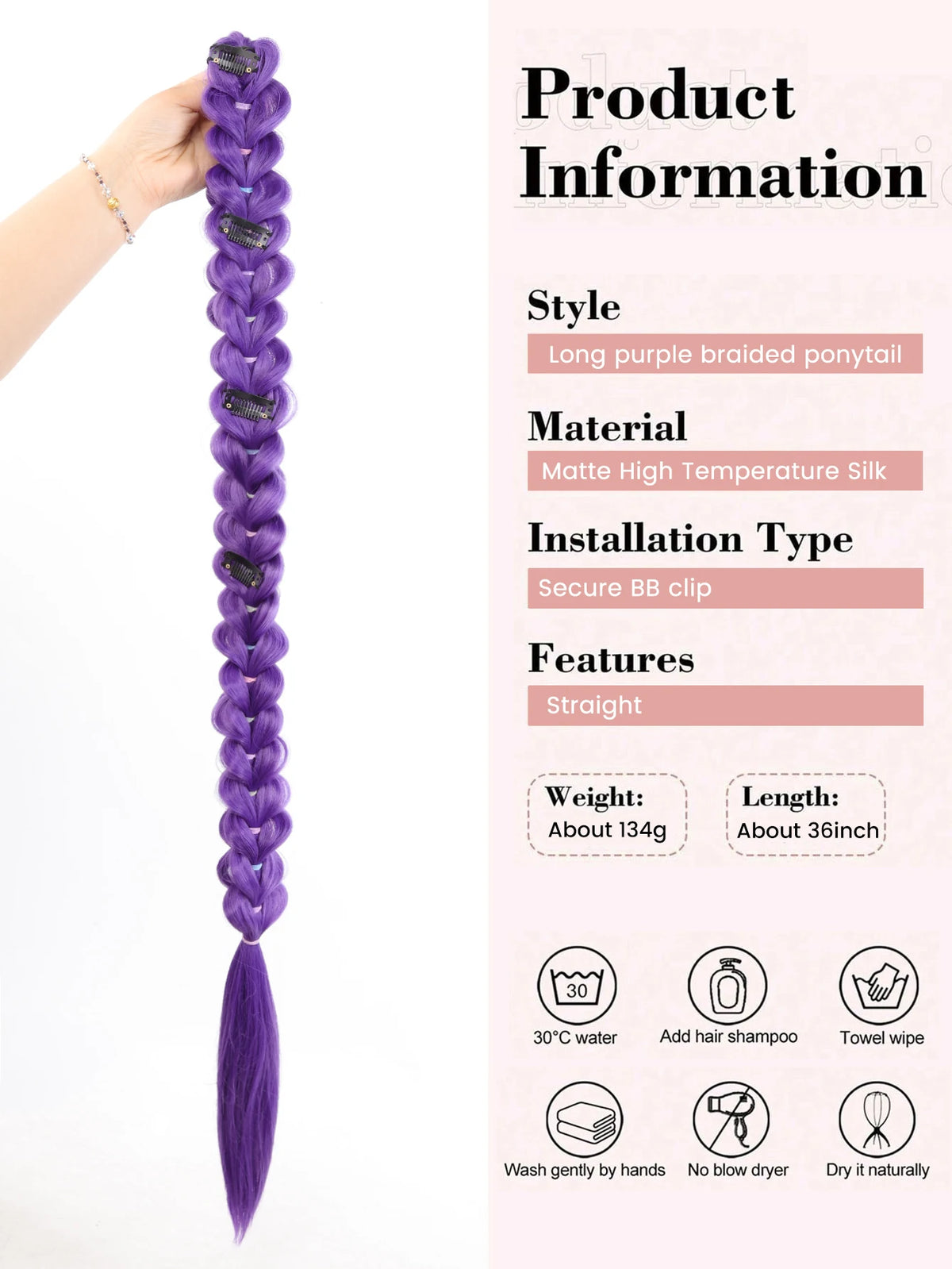 35-Inch Long Braided Purple Ponytail Extension for Costumes