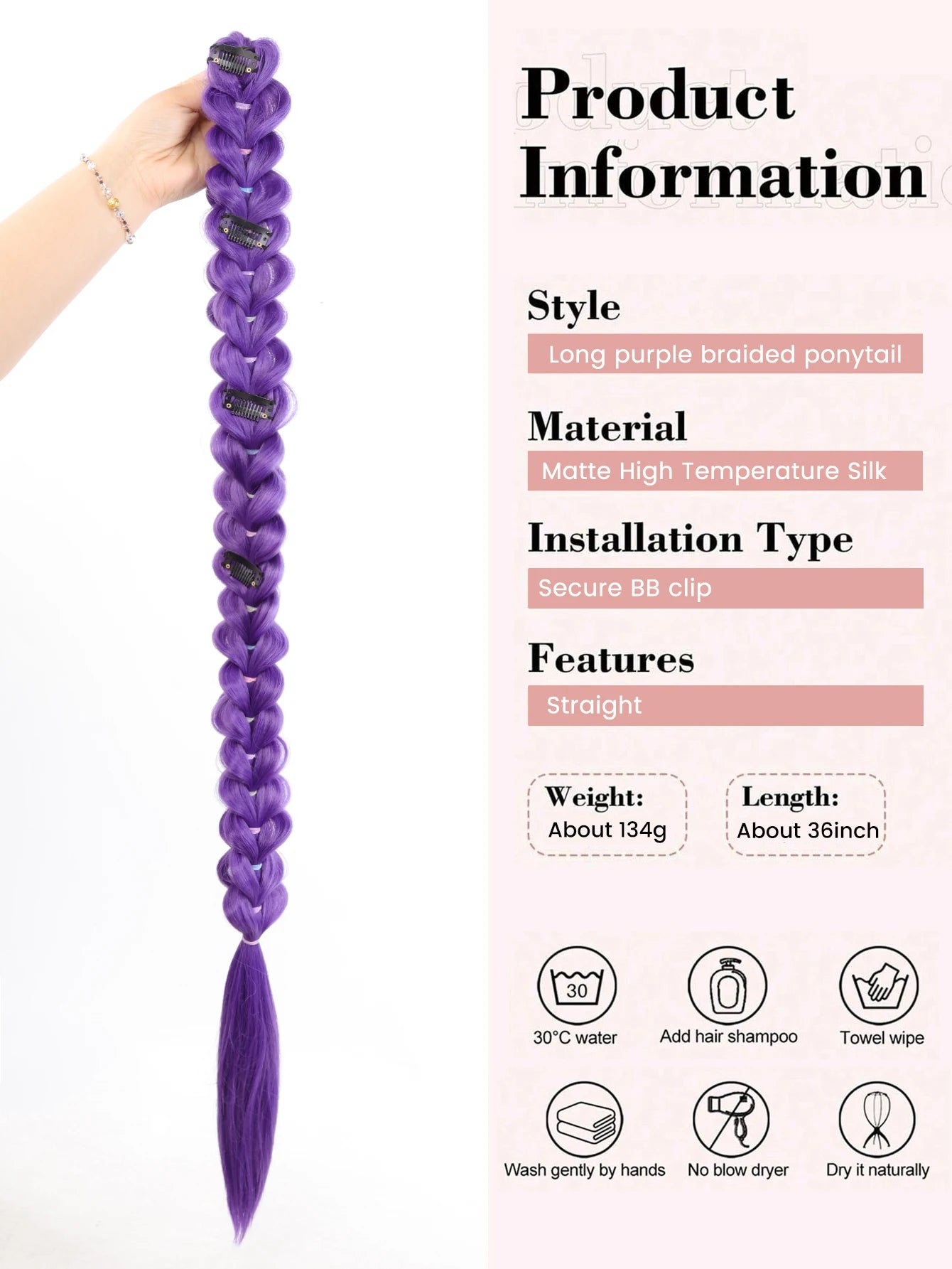 35-Inch Long Braided Purple Ponytail Extension for Costumes - 9