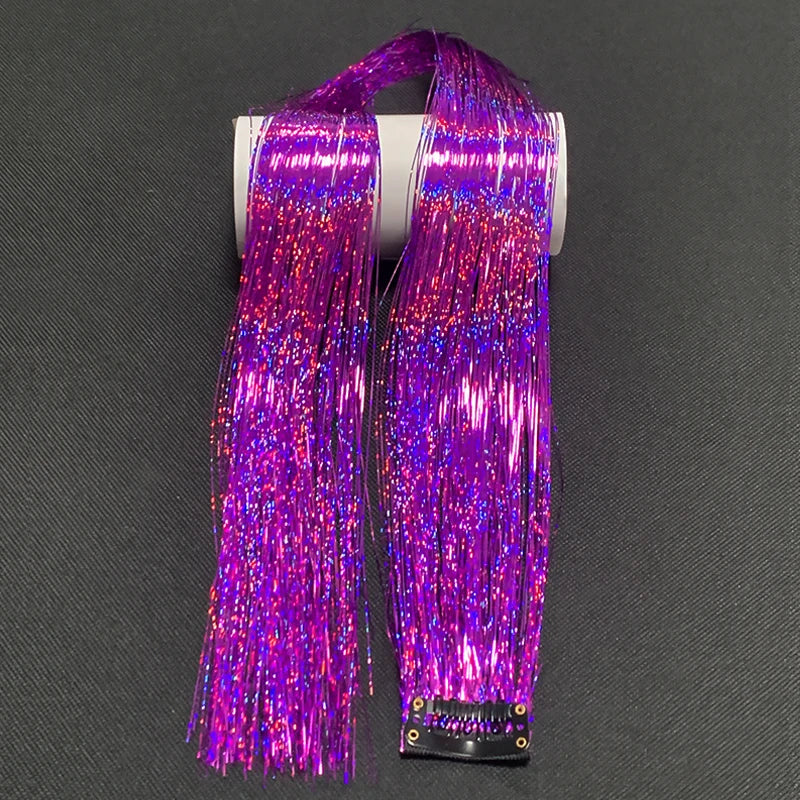 Rainbow Glitter Tinsel Hair Extensions Clip In for Party and Daily Style - 12
