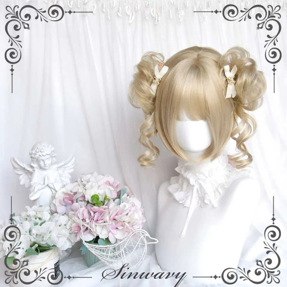 Short Blonde Wavy Bob Wig with Ponytails for Cosplay and Lolita Style