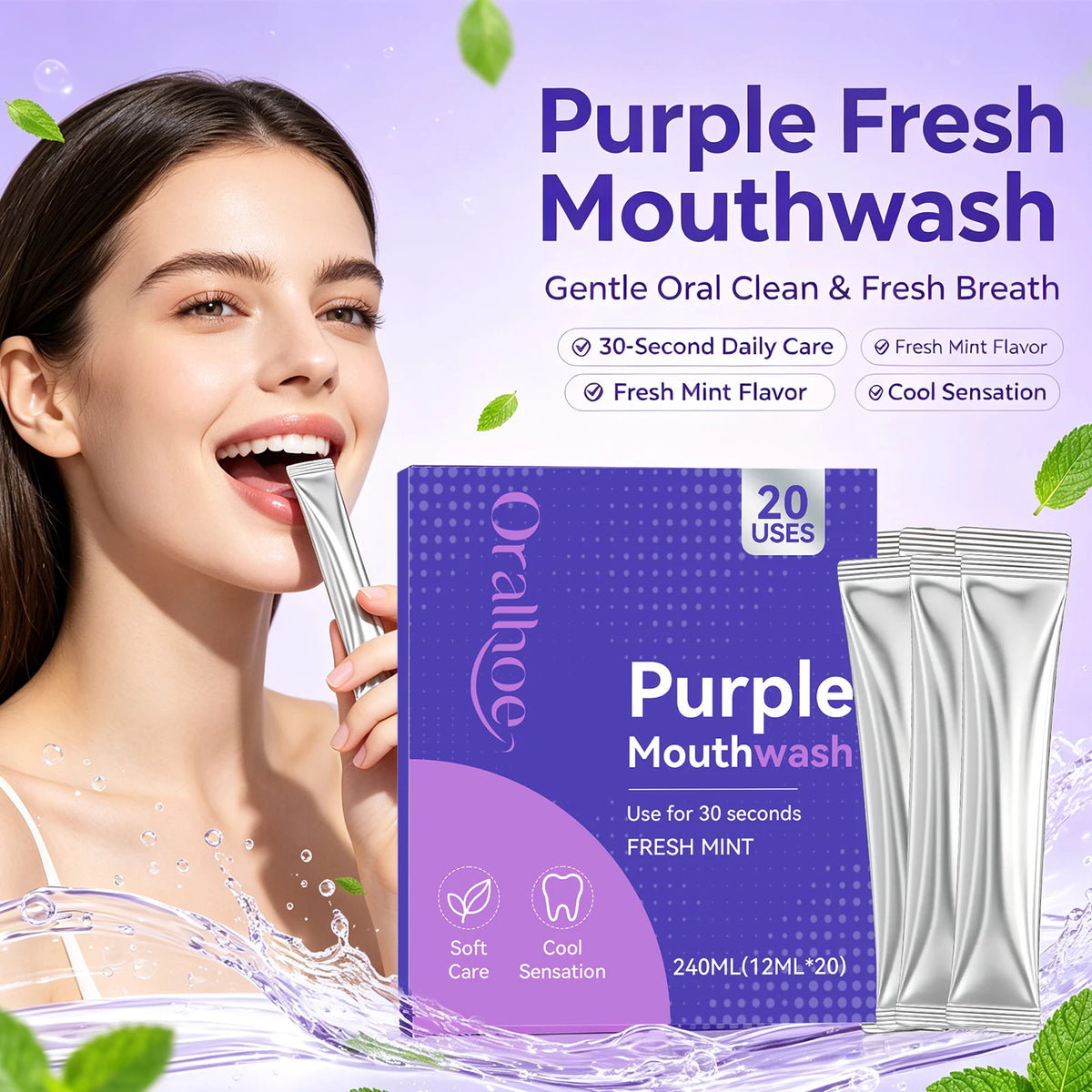 Portable Single-Use Purple Mouthwash Sachets for Fresh Breath On-the-Go