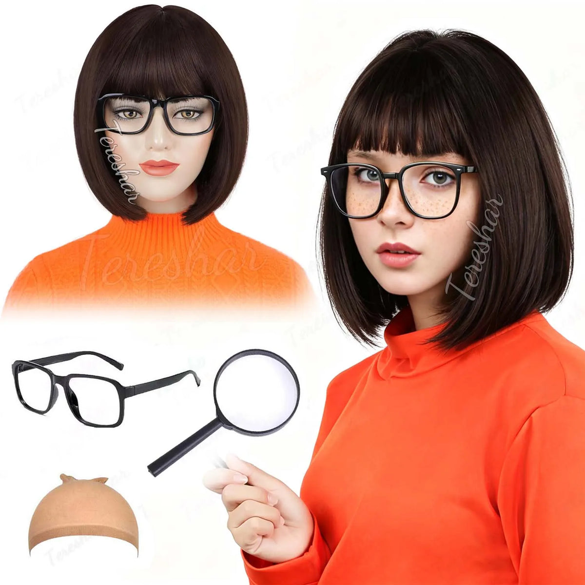 Short Brown Bob Wig with Glasses and Magnifying Glass for Cosplay Parties