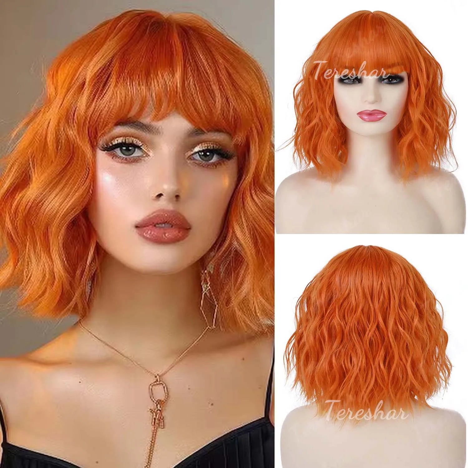 Short Wavy White Wig with Bangs for Cosplay and Daily Wear - 16